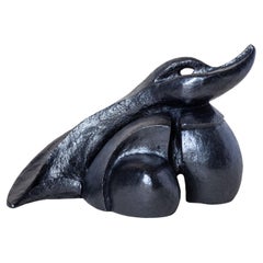 Clay Sculpture Abstract Swan, Black Graphite 1970s