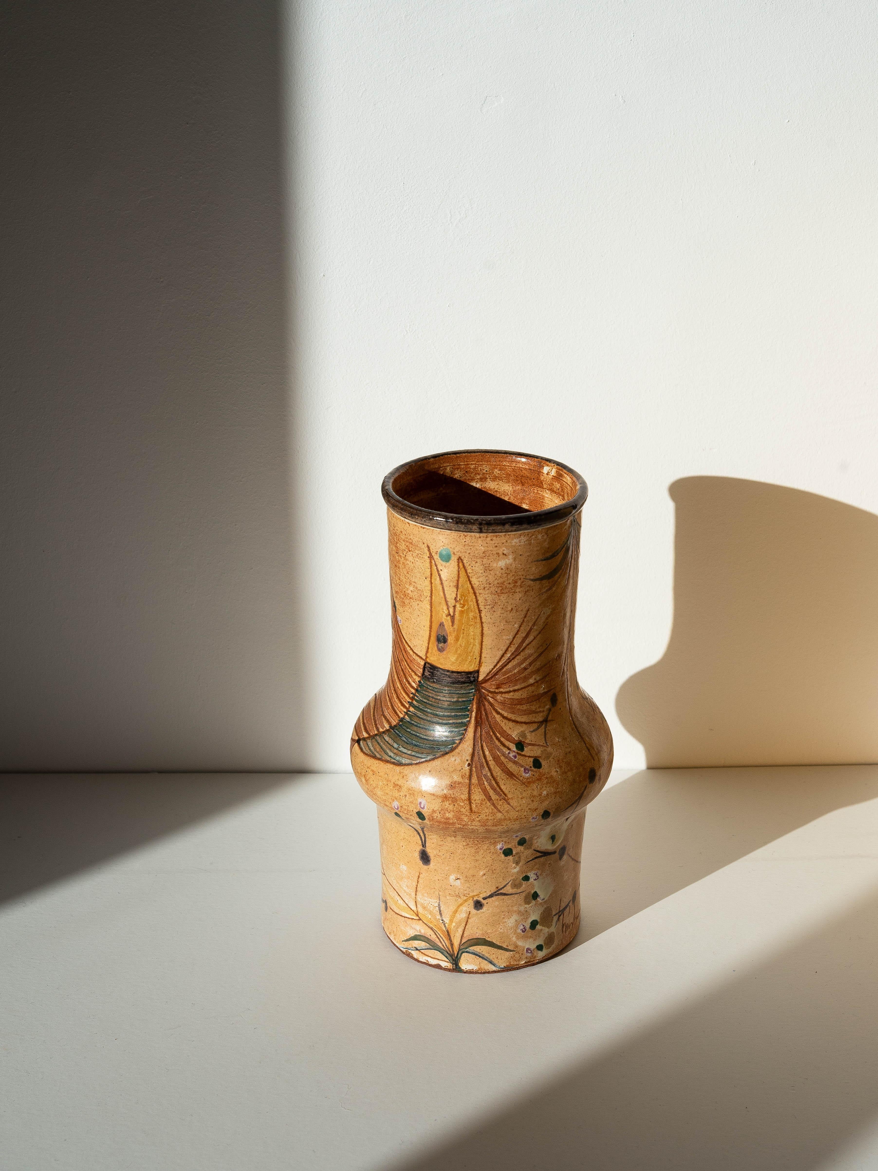 Tonvase Vögel & Pflanzen - Orange & Grüne Emaille - Keramikarte - Portugal 1970s im Angebot 3