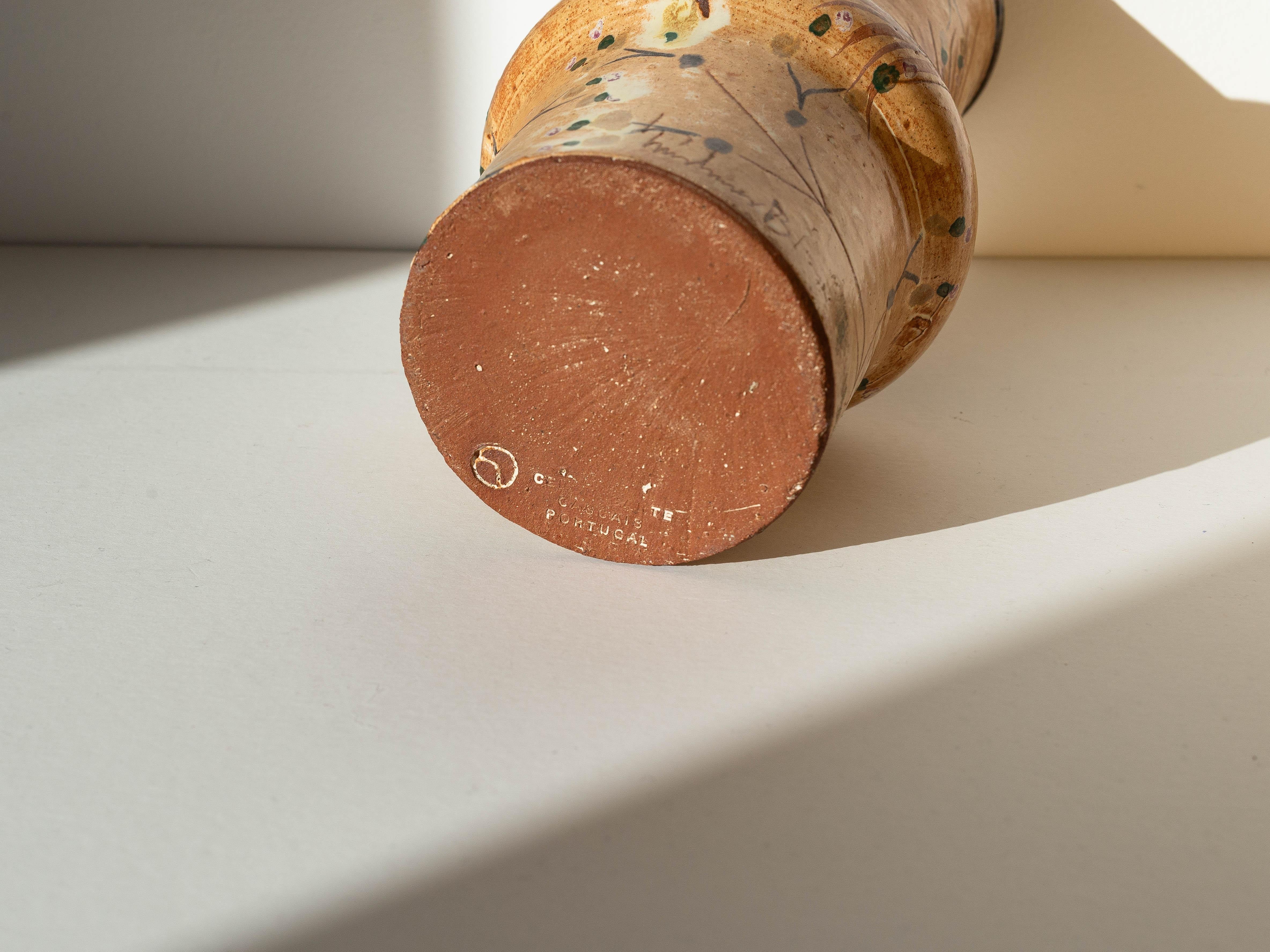 Tonvase Vögel & Pflanzen - Orange & Grüne Emaille - Keramikarte - Portugal 1970s im Angebot 4