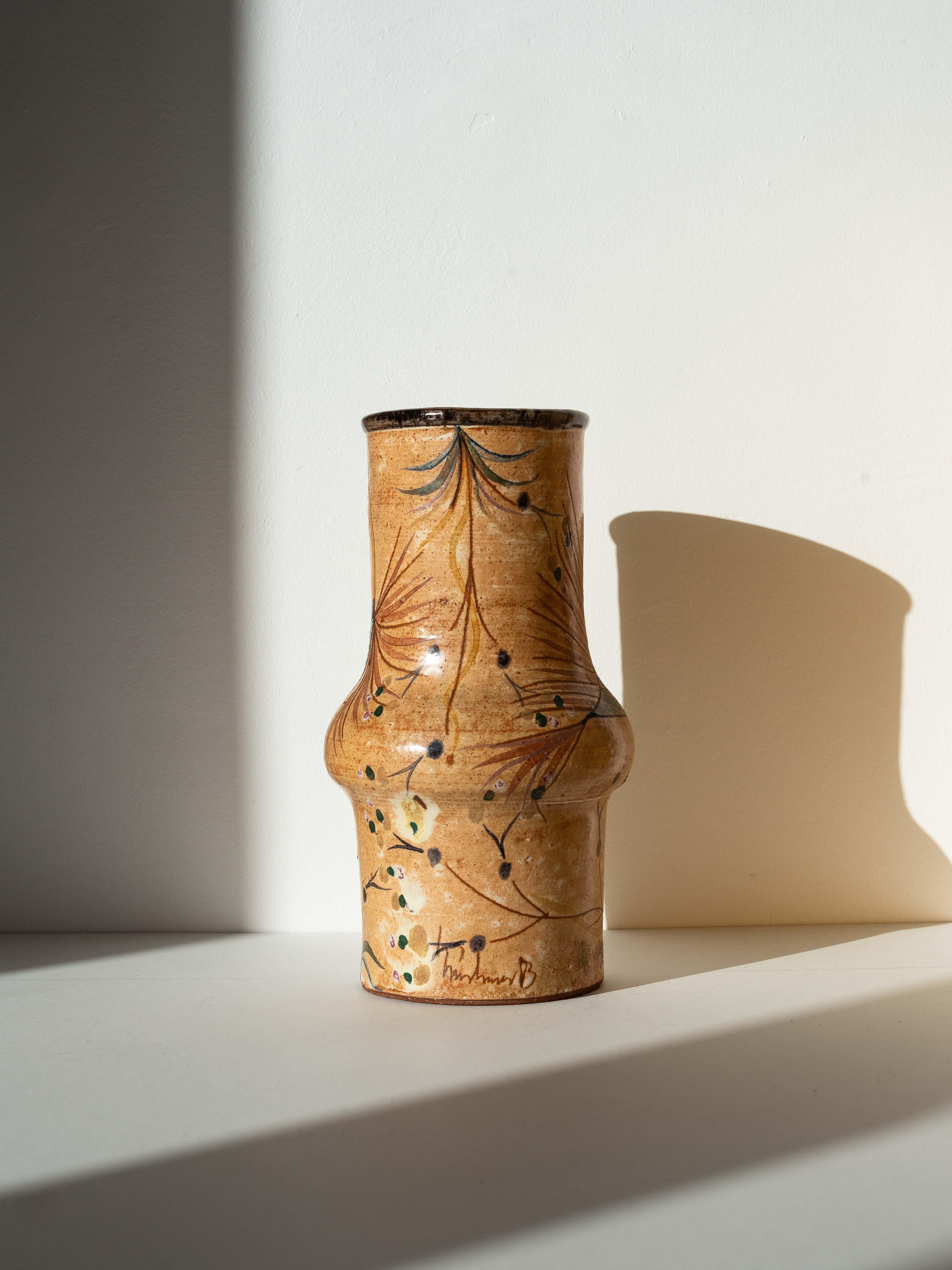 Tonvase Vögel & Pflanzen - Orange & Grüne Emaille - Keramikarte - Portugal 1970s (Moderne der Mitte des Jahrhunderts) im Angebot