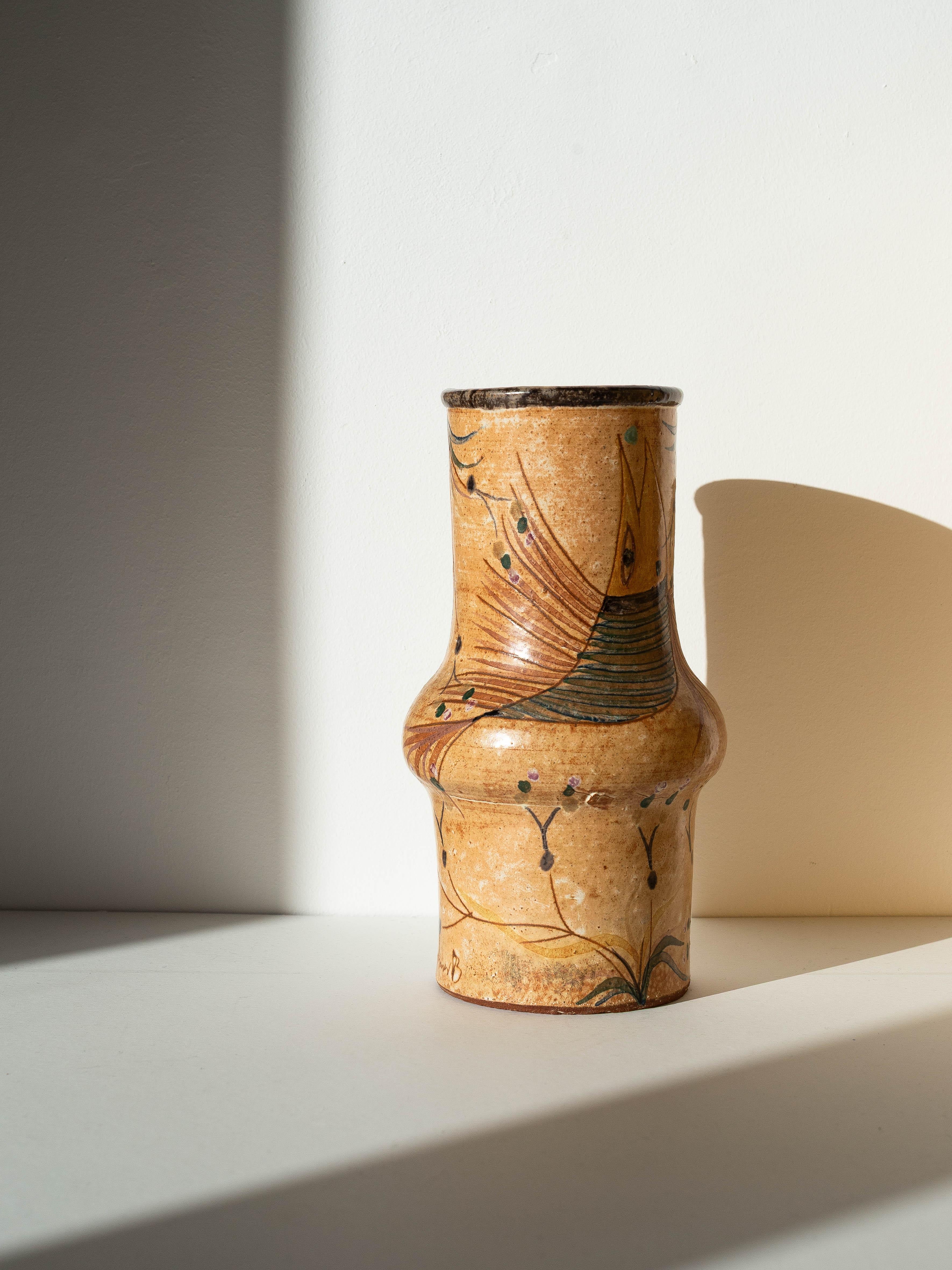 Tonvase Vögel & Pflanzen - Orange & Grüne Emaille - Keramikarte - Portugal 1970s (Portugiesisch) im Angebot