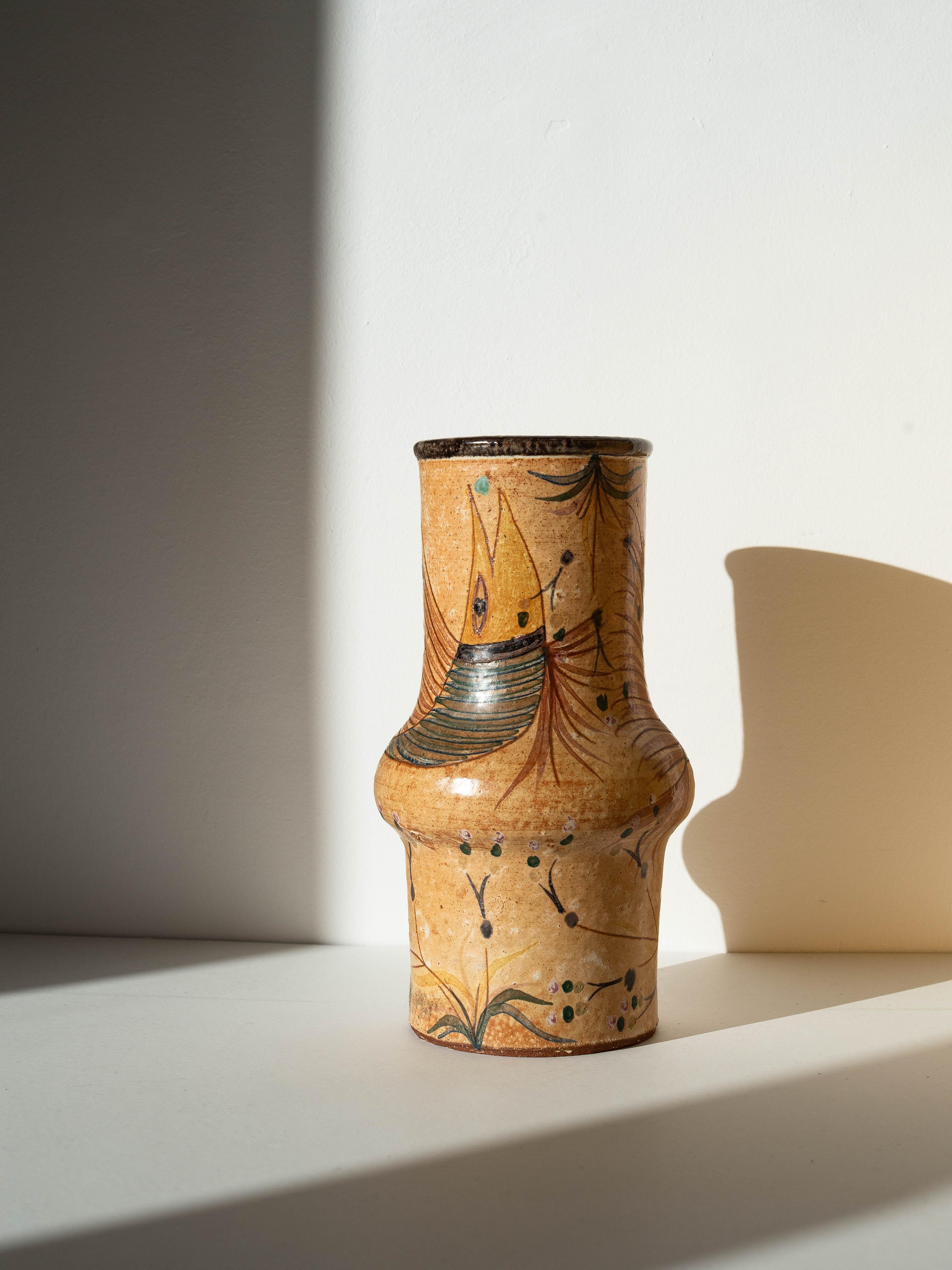 Tonvase Vögel & Pflanzen - Orange & Grüne Emaille - Keramikarte - Portugal 1970s (Emailliert) im Angebot