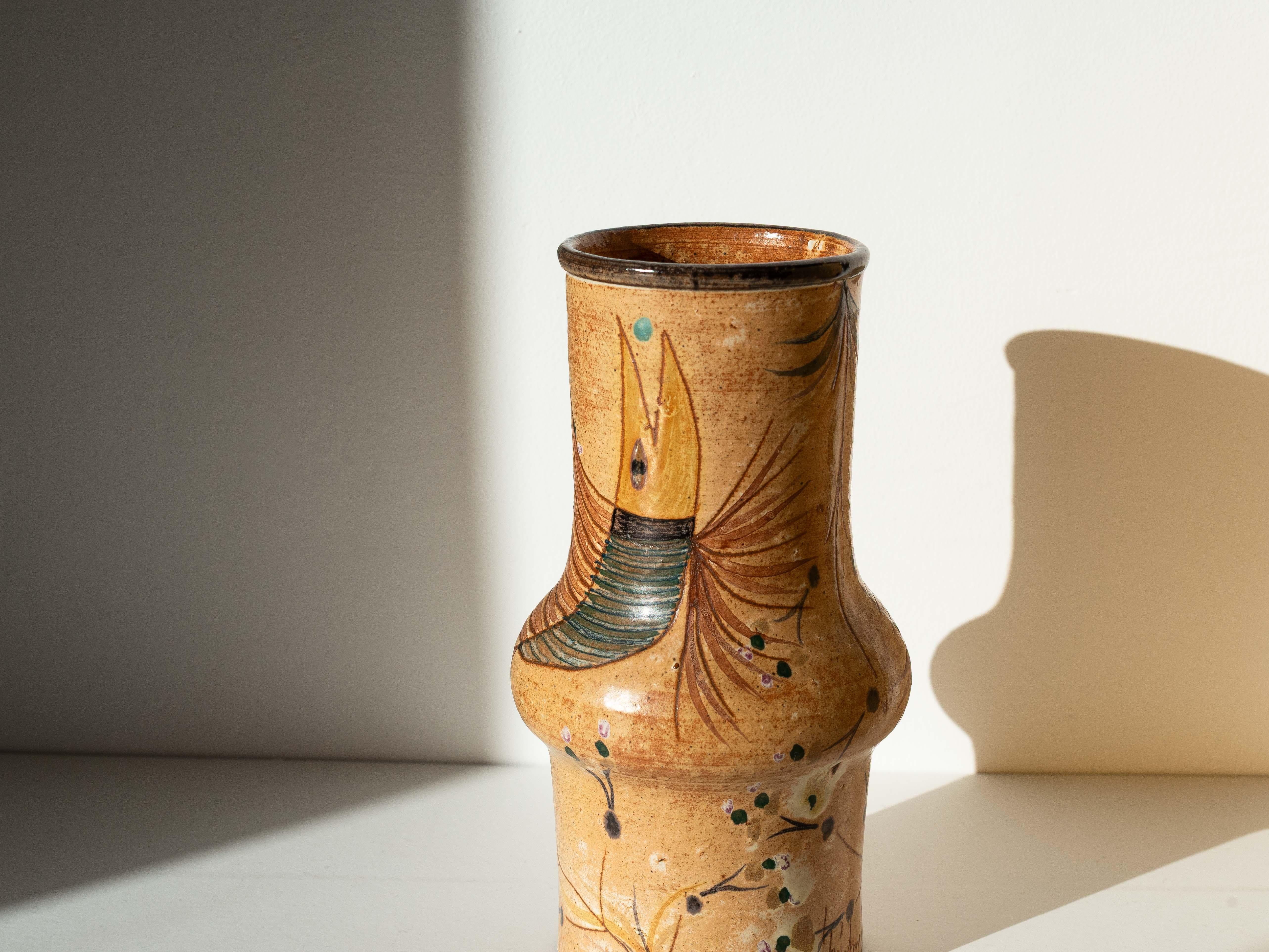 Tonvase Vögel & Pflanzen - Orange & Grüne Emaille - Keramikarte - Portugal 1970s (20. Jahrhundert) im Angebot