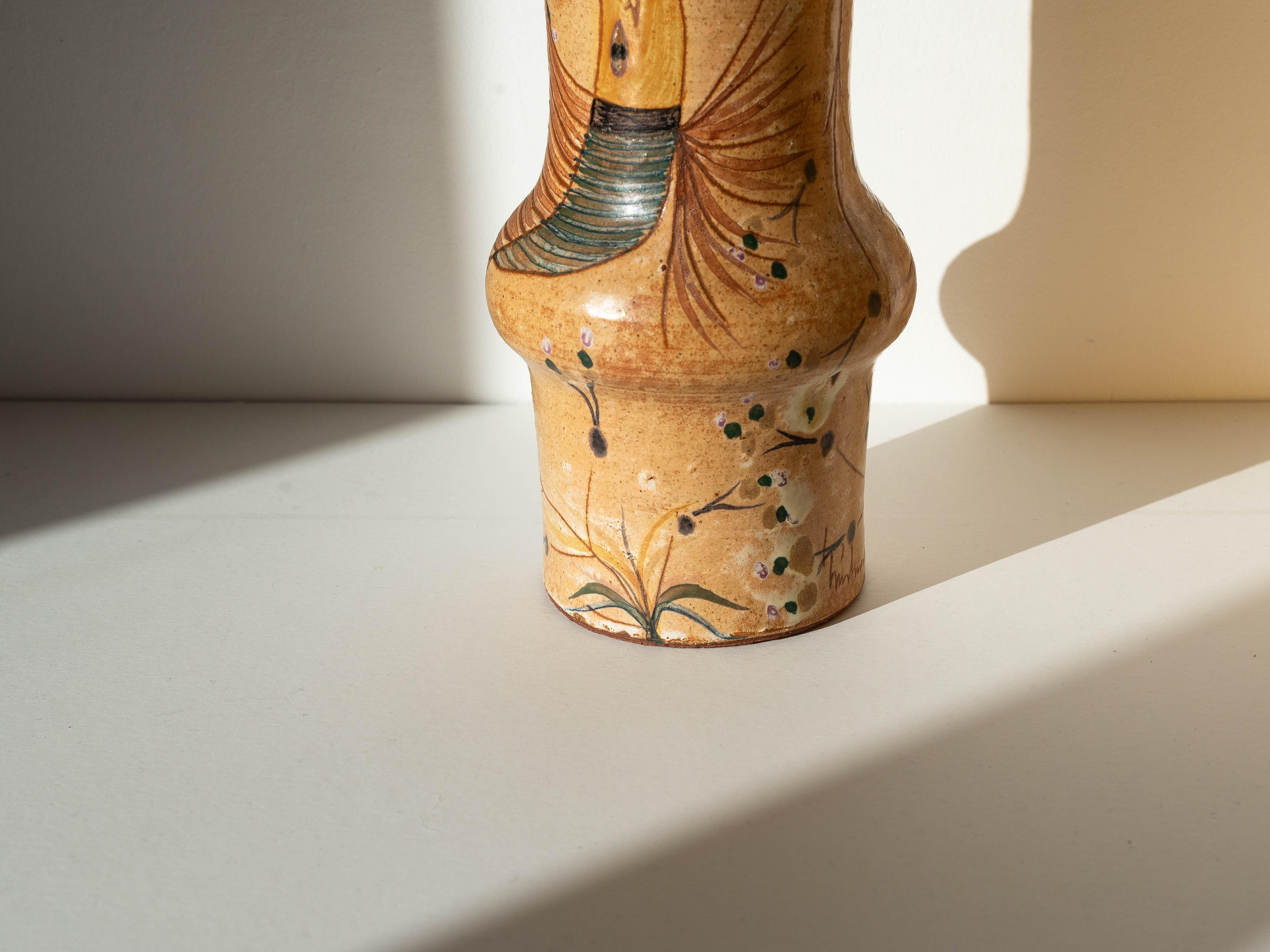 Tonvase Vögel & Pflanzen - Orange & Grüne Emaille - Keramikarte - Portugal 1970s im Angebot 1