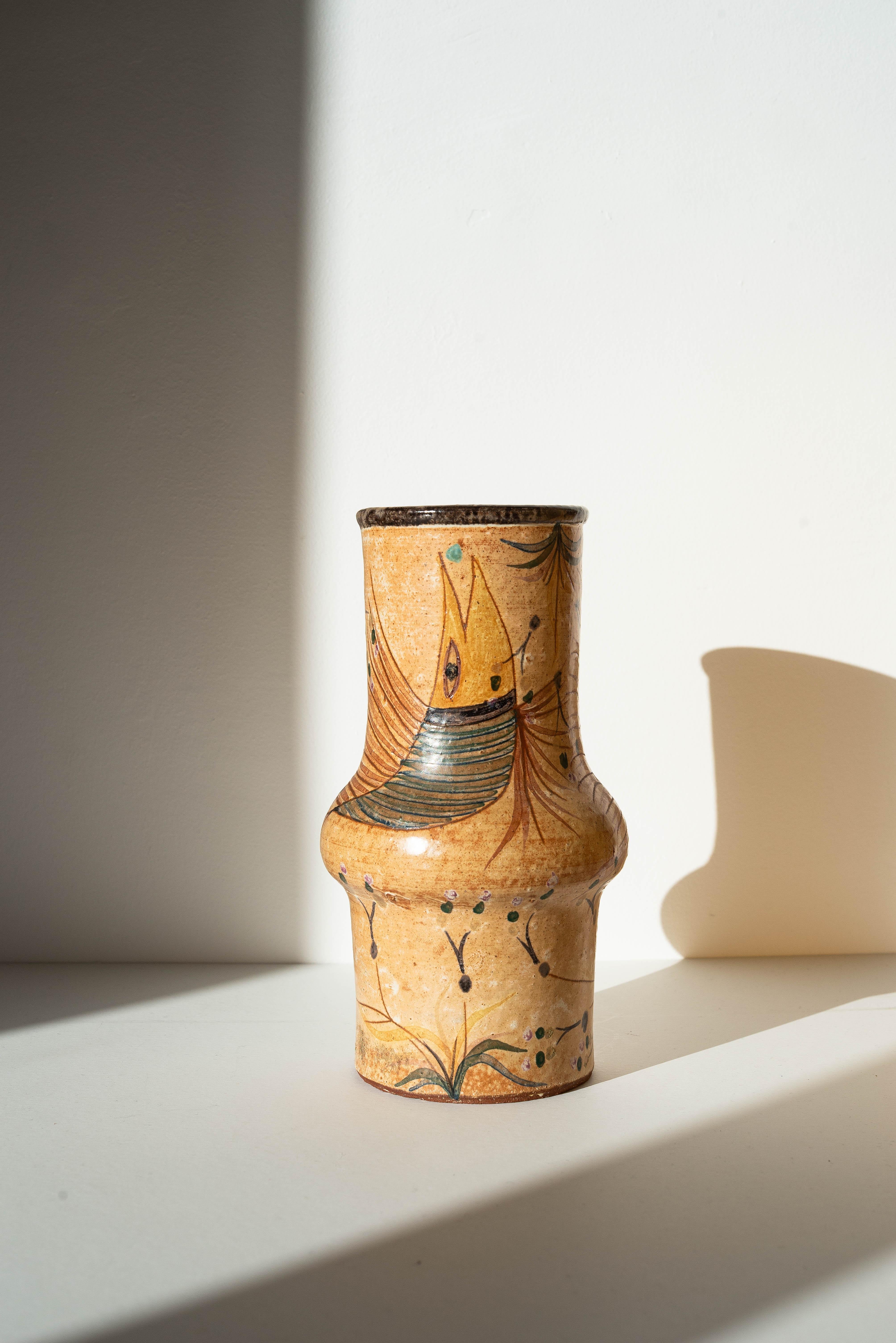 Tonvase Vögel & Pflanzen - Orange & Grüne Emaille - Keramikarte - Portugal 1970s im Angebot 2