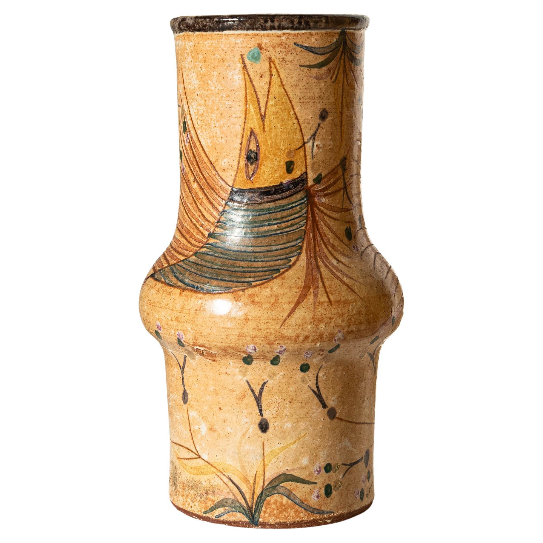 Clay Vase Birds 
Plants - Orange 
Green Enamel - Ceramicarte - Portugal 1970s