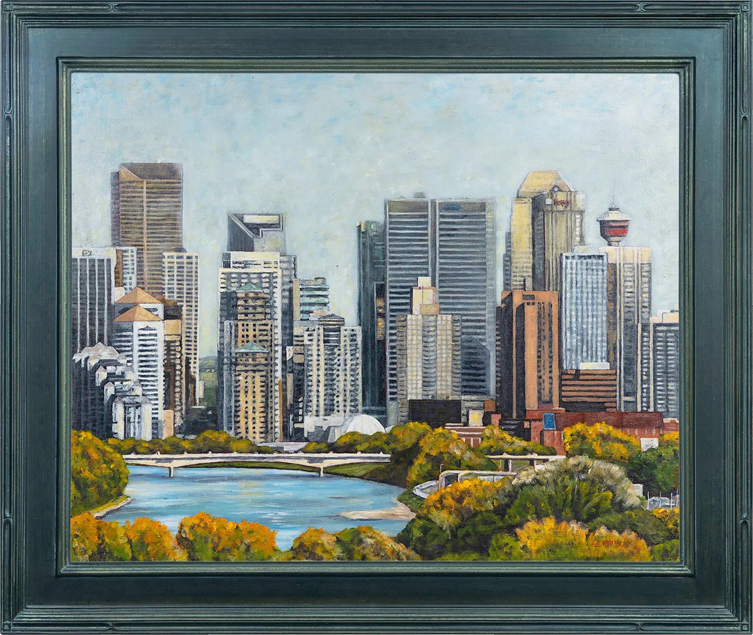 Landscape Painting di Clayt Lennox - Cowtown - Quadro acrilico incorniciato di Calgary Downtown