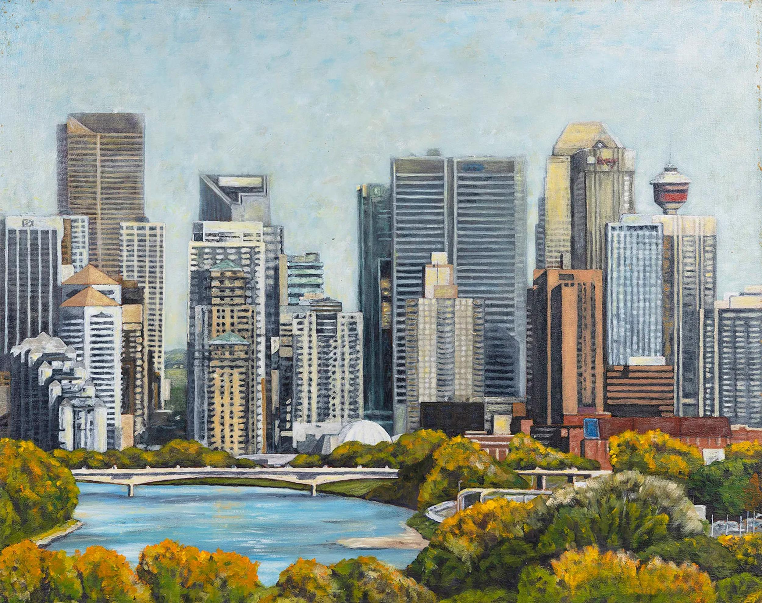 Cowtown - Quadro acrilico incorniciato di Calgary Downtown - Painting di Clayt Lennox