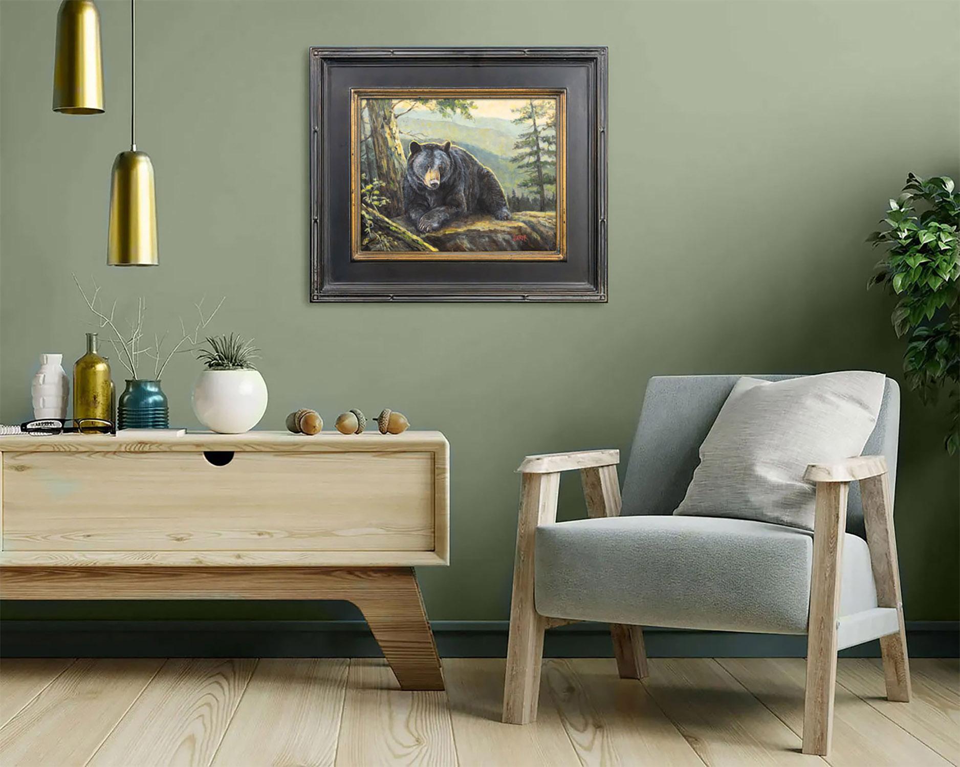 Evening Rest
14.0 x 11.0 x 0.25, 10.0 lbs 
Acrylic on wood panel
Hand signed by artist 

Artist's Commentary: 
“'Evening Rest' depicts a male black bear at peace on a rock, backlit by the setting sun with the Smoky Mountains fading behind. This