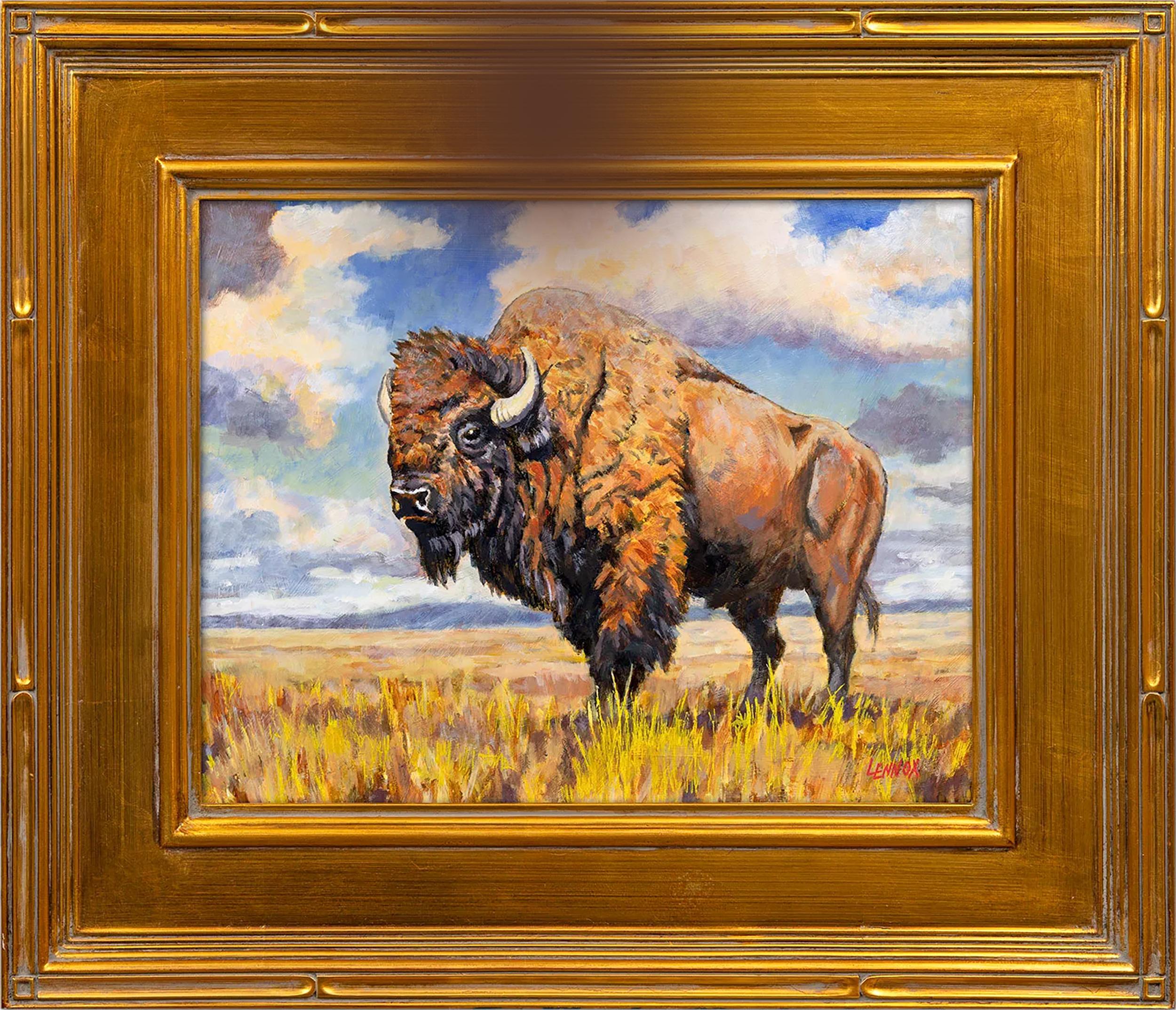 Landscape Painting di Clayt Lennox - Gigante delle praterie - Quadro acrilico di bisonte incorniciato