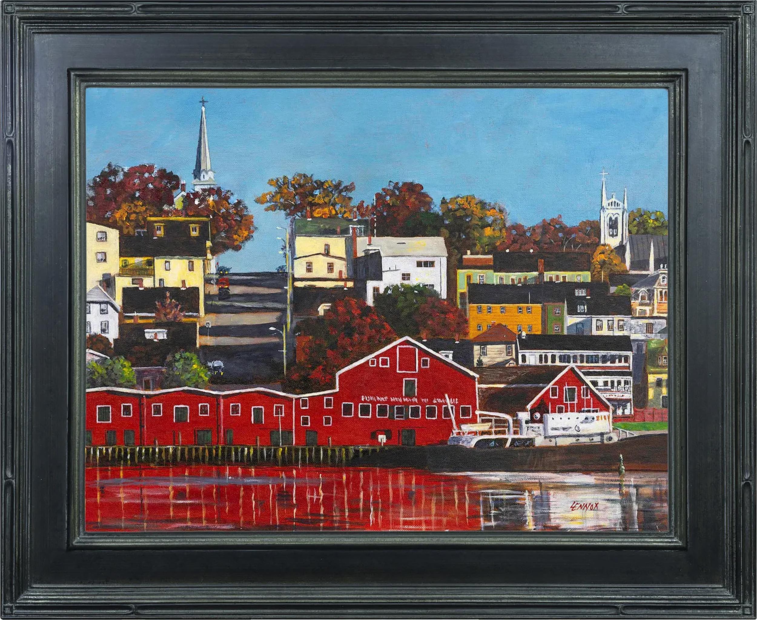 Lunenburg Brilliance  
24.0 x 18.0 x 0.25, 10.0 lbs 
Acrylic on canvas
Hand signed by artist 

Artist's Commentary: 
“'Lunenburg Brilliance' is a vivid portrayal of the quintessential Canadian harbor town of Lunenburg, set under a radiant blue sky.