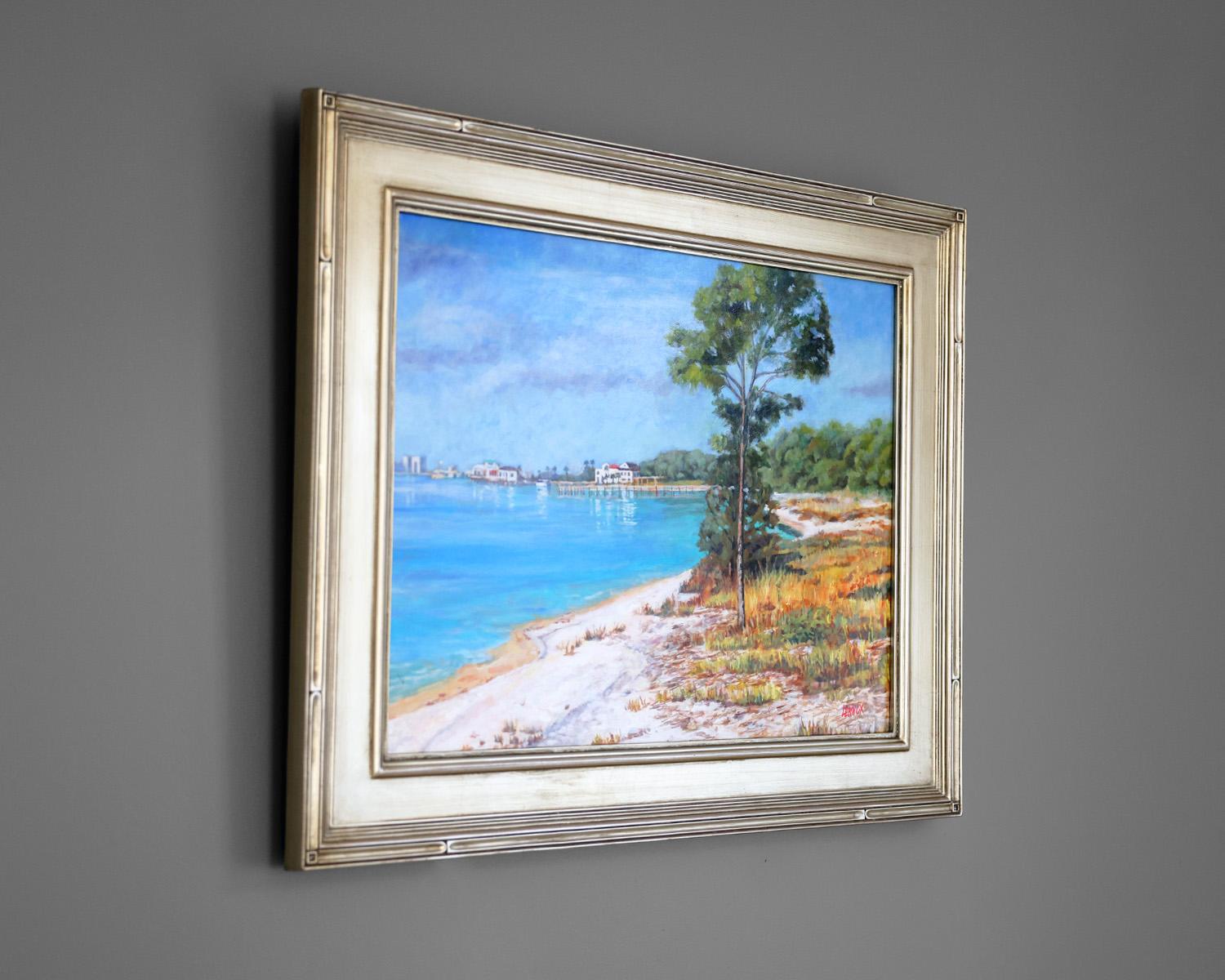 Seno de Santa Rosa - Pintura acrílica enmarcada Paisaje de Florida - Landscape Painting Gris de Clayt Lennox