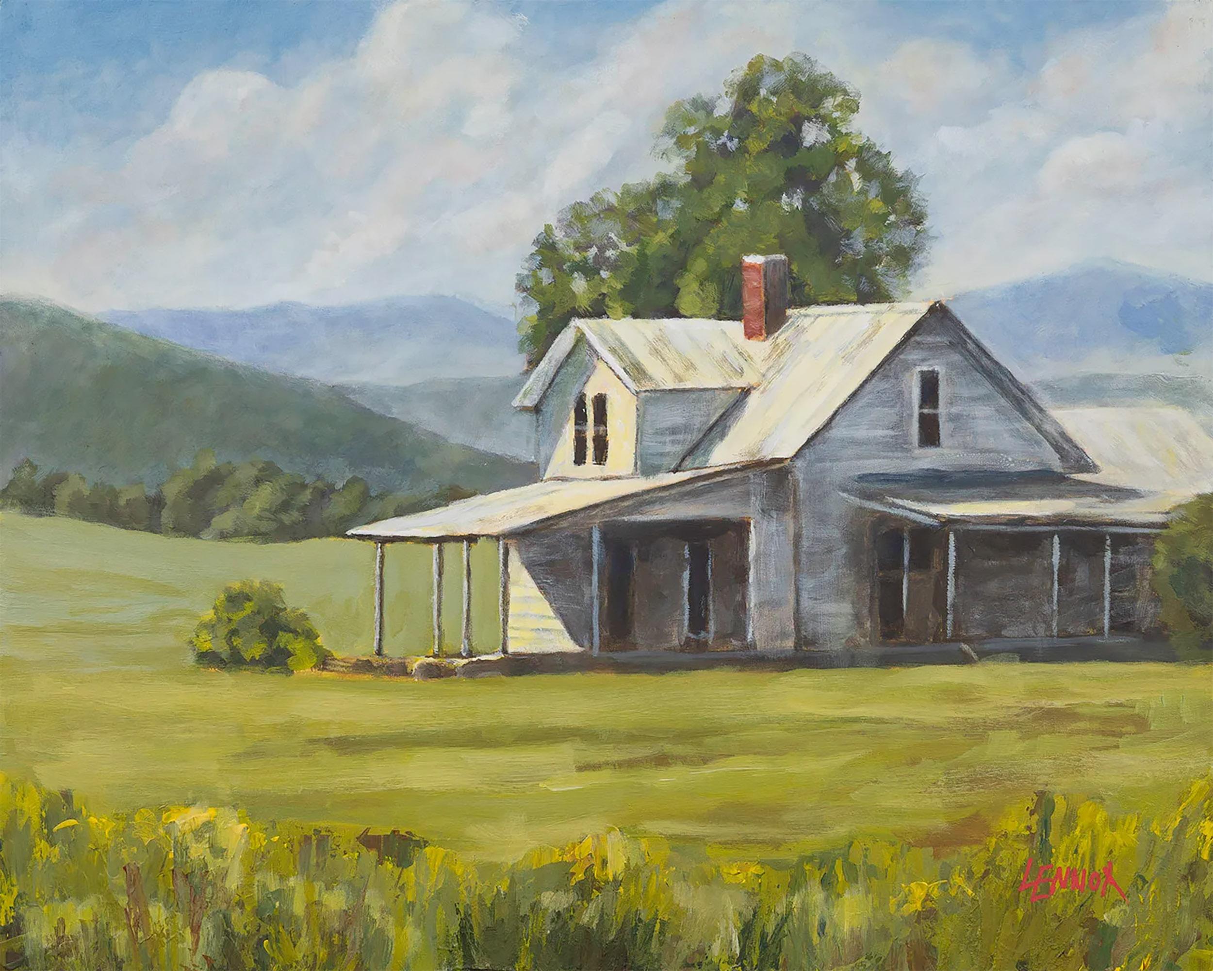 The Essence of East Tennessee – gerahmtes Acrylgemälde eines Bauernhauses – Painting von Clayt Lennox