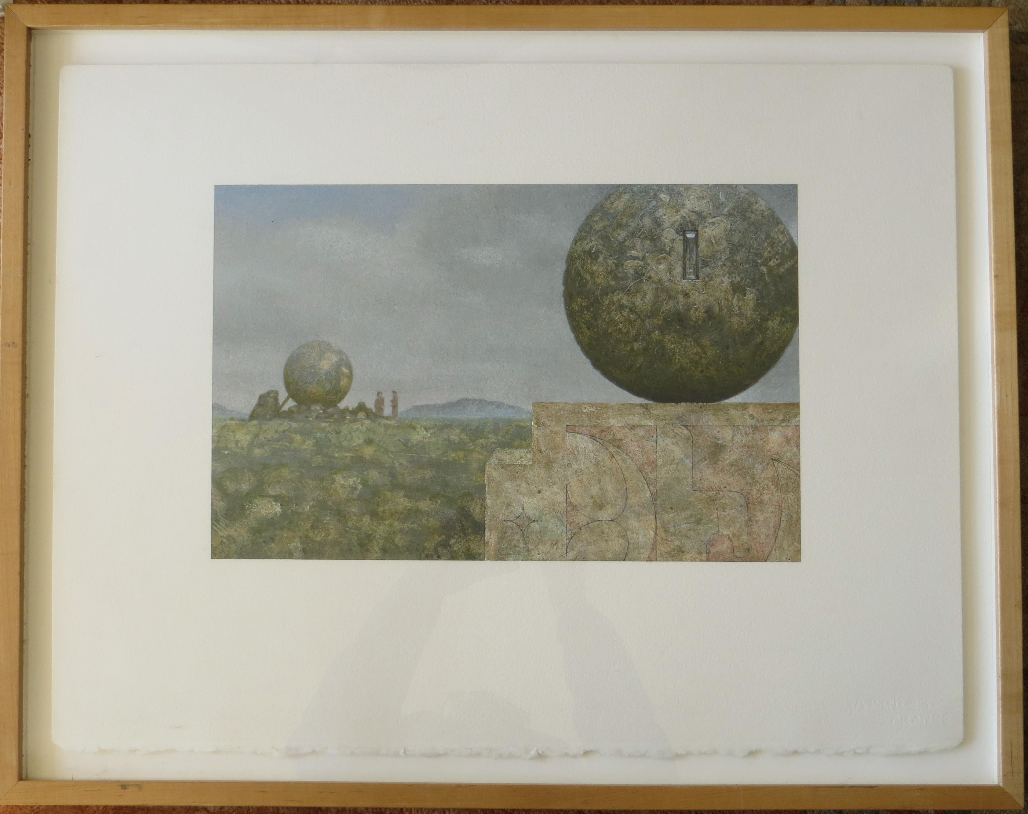 Paesaggio con due sfere - Painting Surrealismo di Clayton Anderson