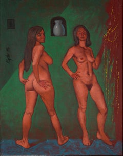 Deux nus dans un intérieur, peinture surréaliste, signée, 1970, encadrée