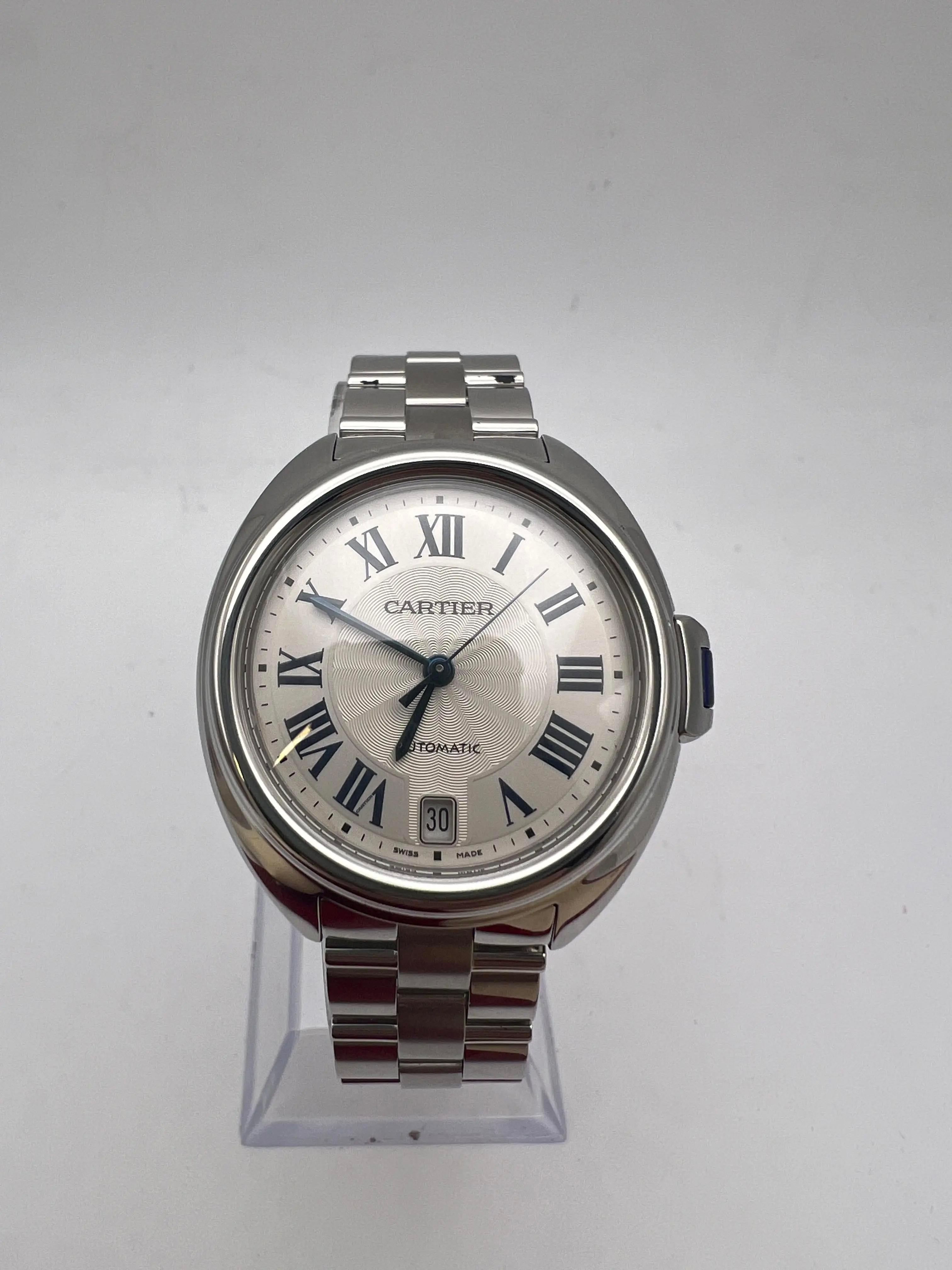 Cle De Cartier 35mm WSCL0006 Stahluhr mit blauen römischen Ziffern und silbernem Zifferblatt für Damen oder Herren im Angebot