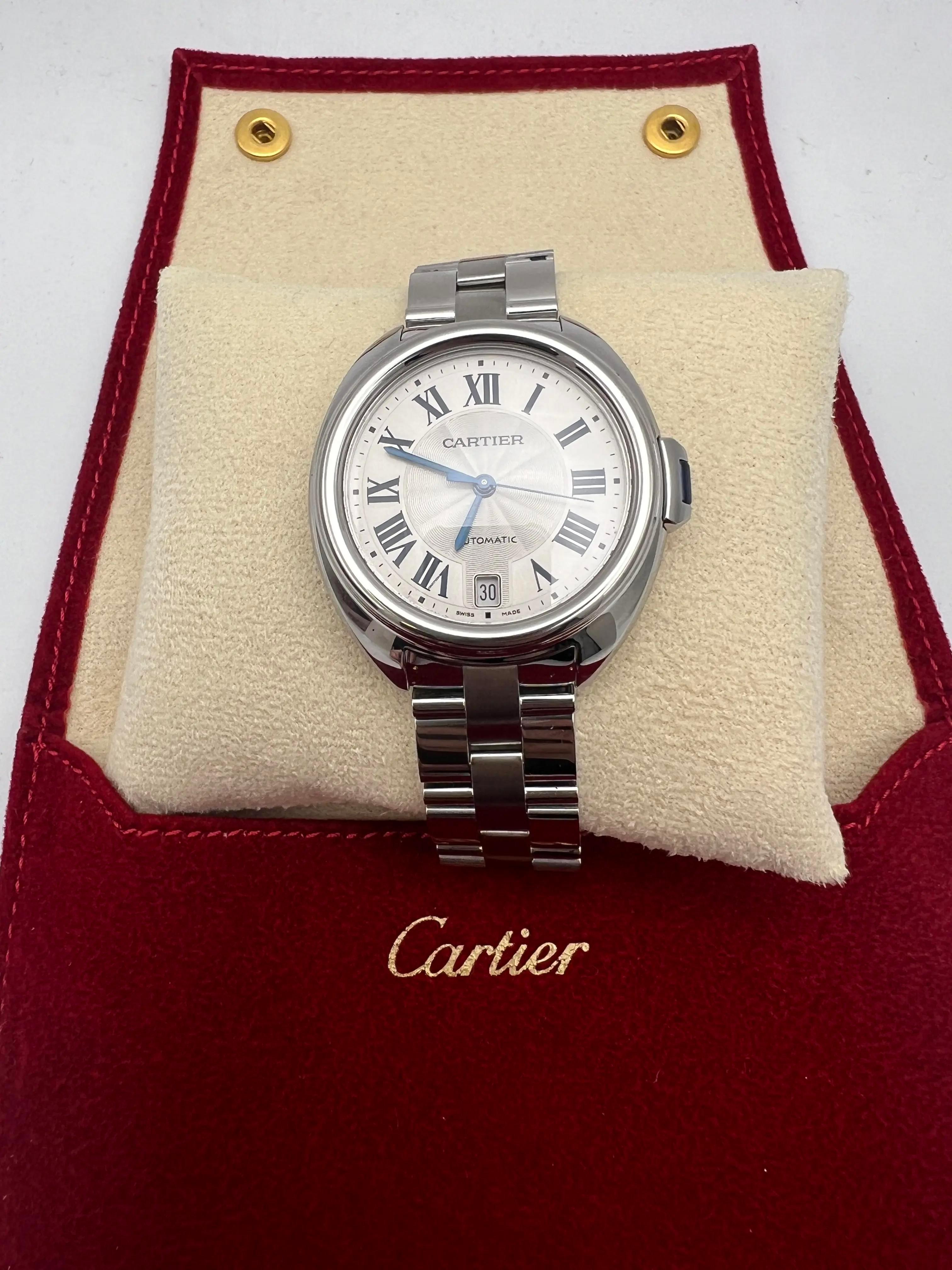 Cle De Cartier 35mm WSCL0006 Stahluhr mit blauen römischen Ziffern und silbernem Zifferblatt im Angebot 4