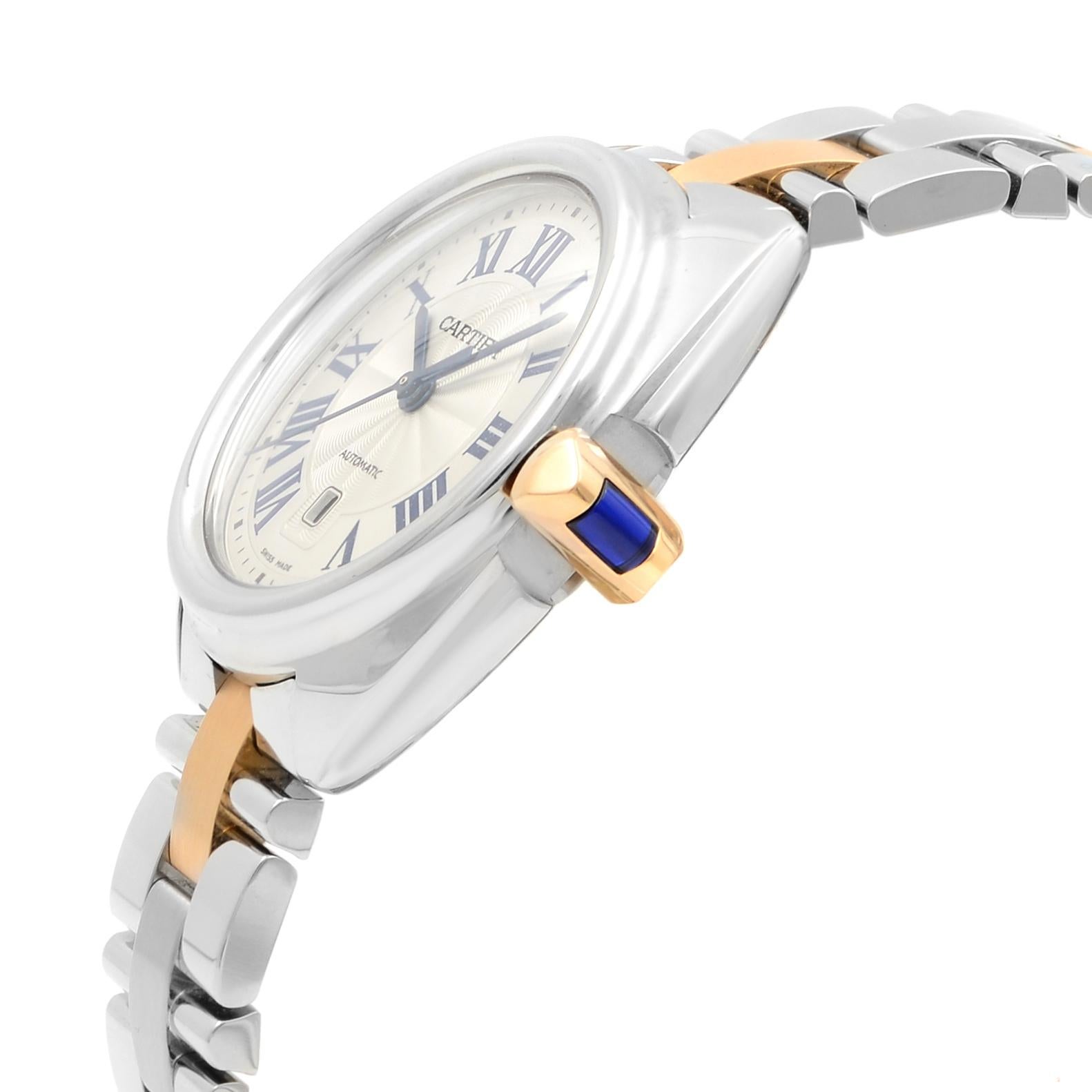 Women's Cle de Cartier Steel 18K Rose Gold Silver Guilloche Dial Automatic Watch W2CL000