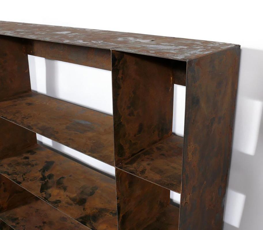 Mid-Century Modern Clean Lined Architectural Metal Bookshelf with Distressed Original Patina For Sale
