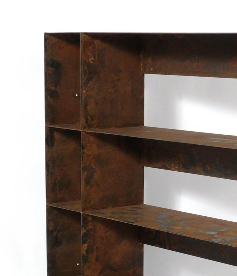 American Clean Lined Architectural Metal Bookshelf with Distressed Original Patina For Sale