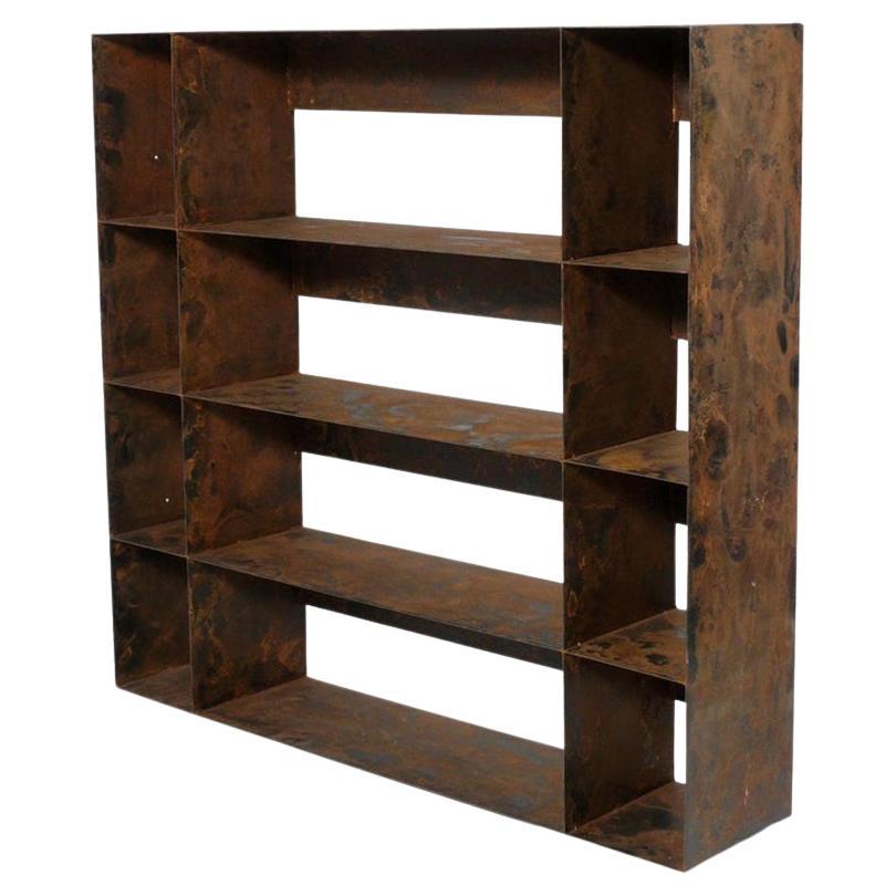 Clean Lined Architectural Metal Bookshelf with Distressed Original Patina For Sale
