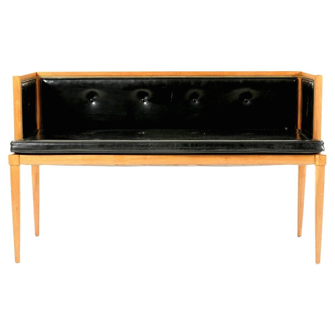 Clean Lined Bleached Mahogany and Black Patent Leather Bench/Settee For Sale