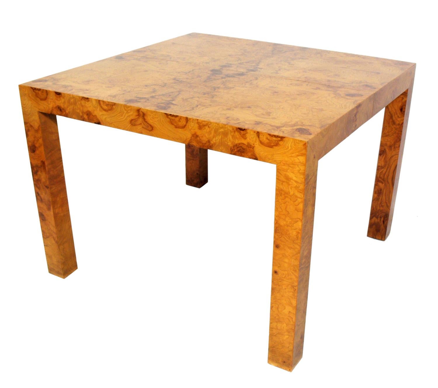 American Clean Lined Burl Wood Dining Table by Milo Baughman