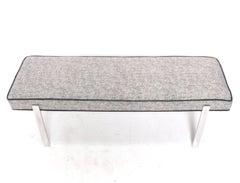 Clean Lined Chrome Bench Reupholstered Black & White Herringbone w Leather Trim