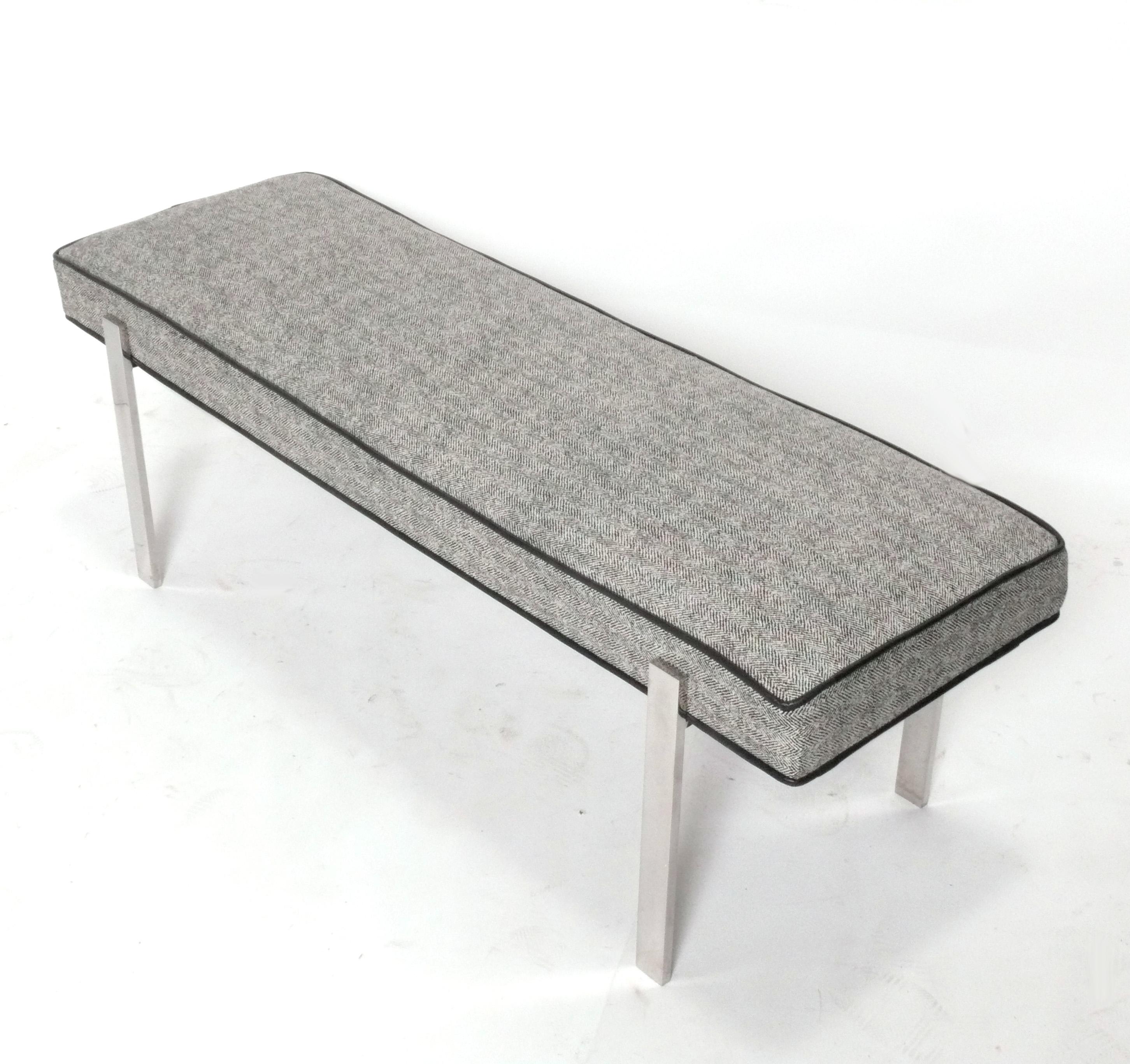 Mid-Century Modern Clean Lined Chrome Bench Reupholstered Black & White Herringbone w Leather Trim For Sale
