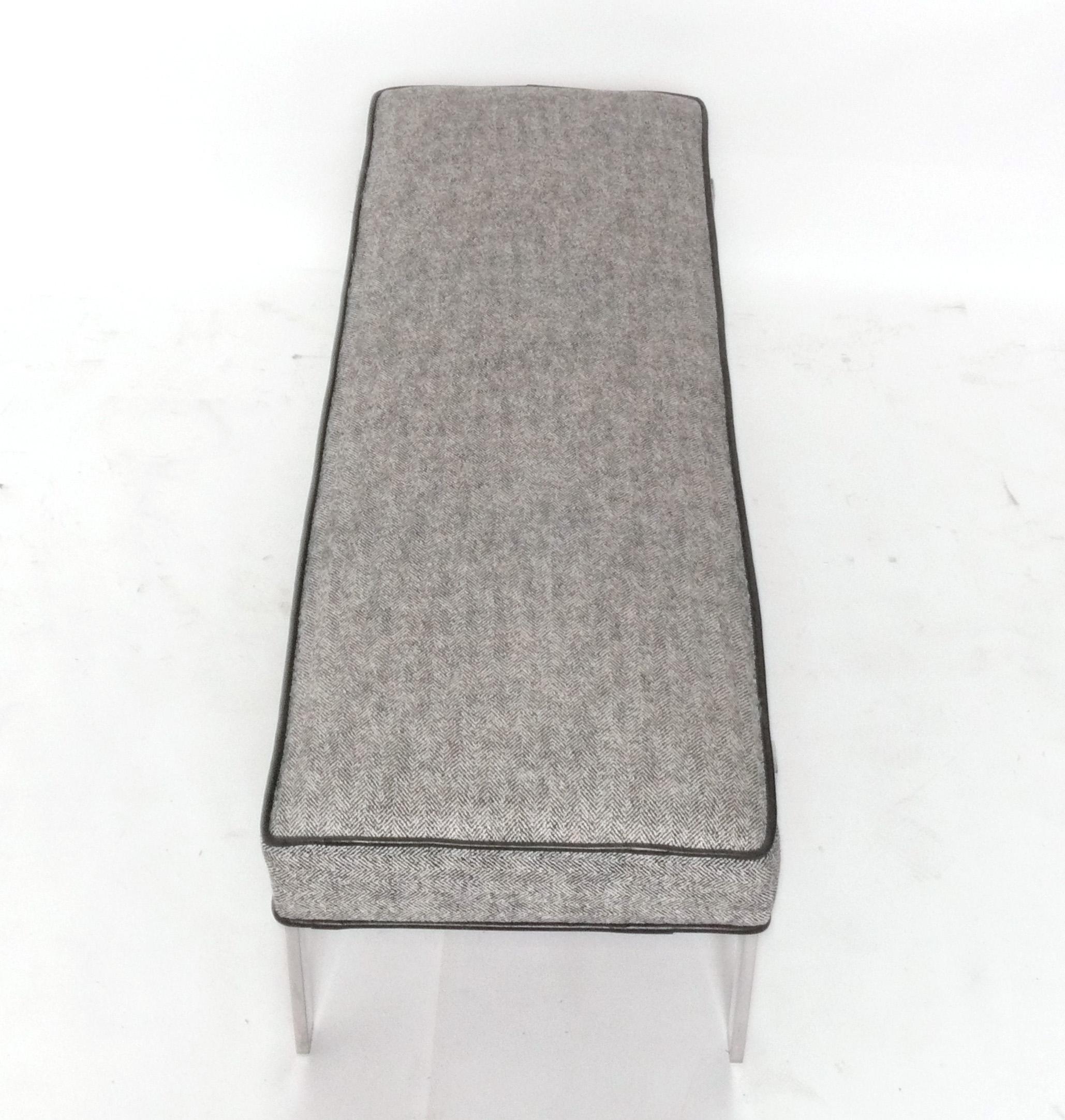 American Clean Lined Chrome Bench Reupholstered Black & White Herringbone w Leather Trim For Sale