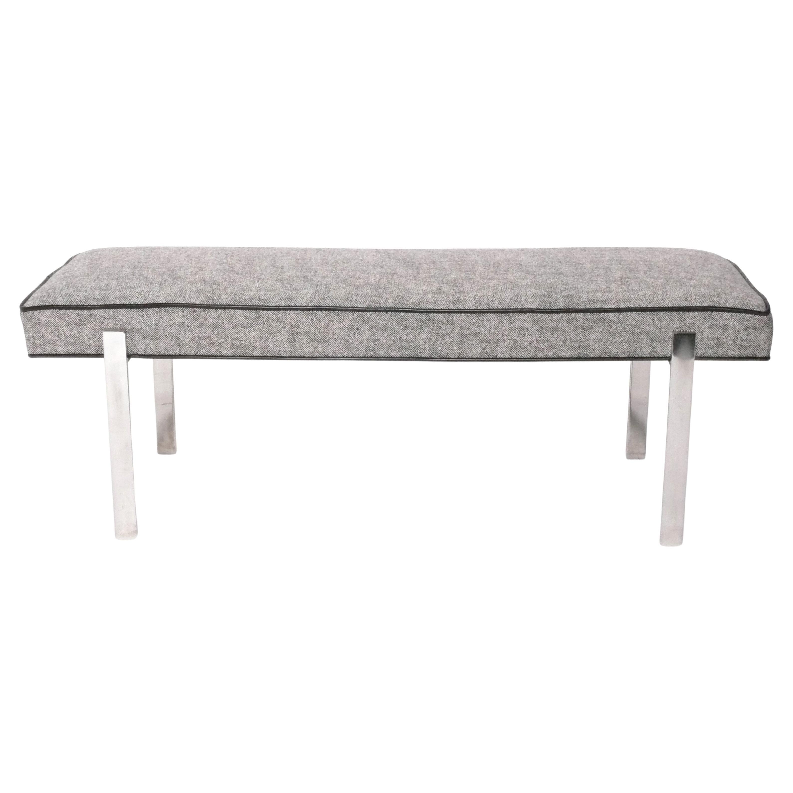 Clean Lined Chrome Bench Reupholstered Black & White Herringbone w Leather Trim For Sale