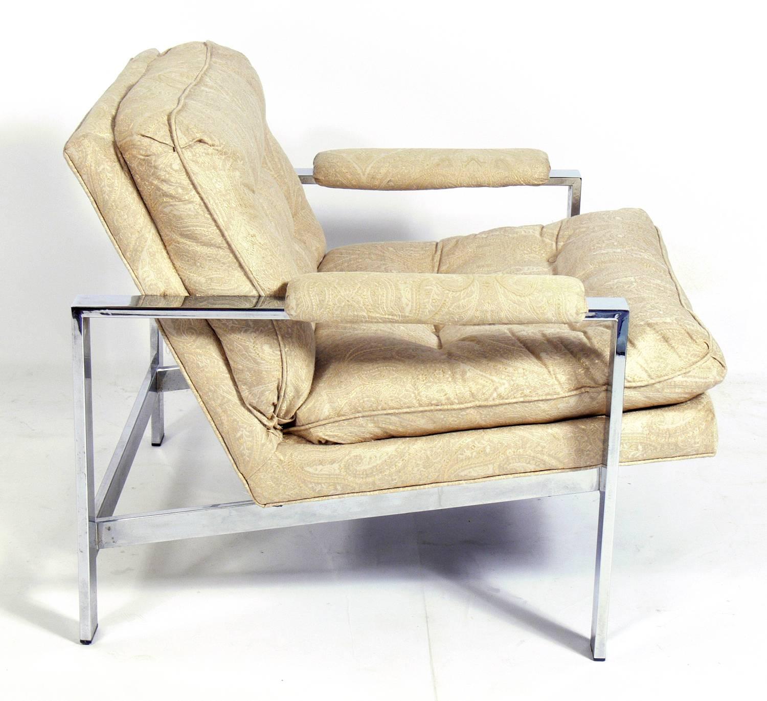 Clean lined chrome lounge chair. This chair is currently being reupholstered and can be completed in your fabric. The price noted below includes reupholstery in your fabric. The chair will look incredible when reupholstered, as the second generation