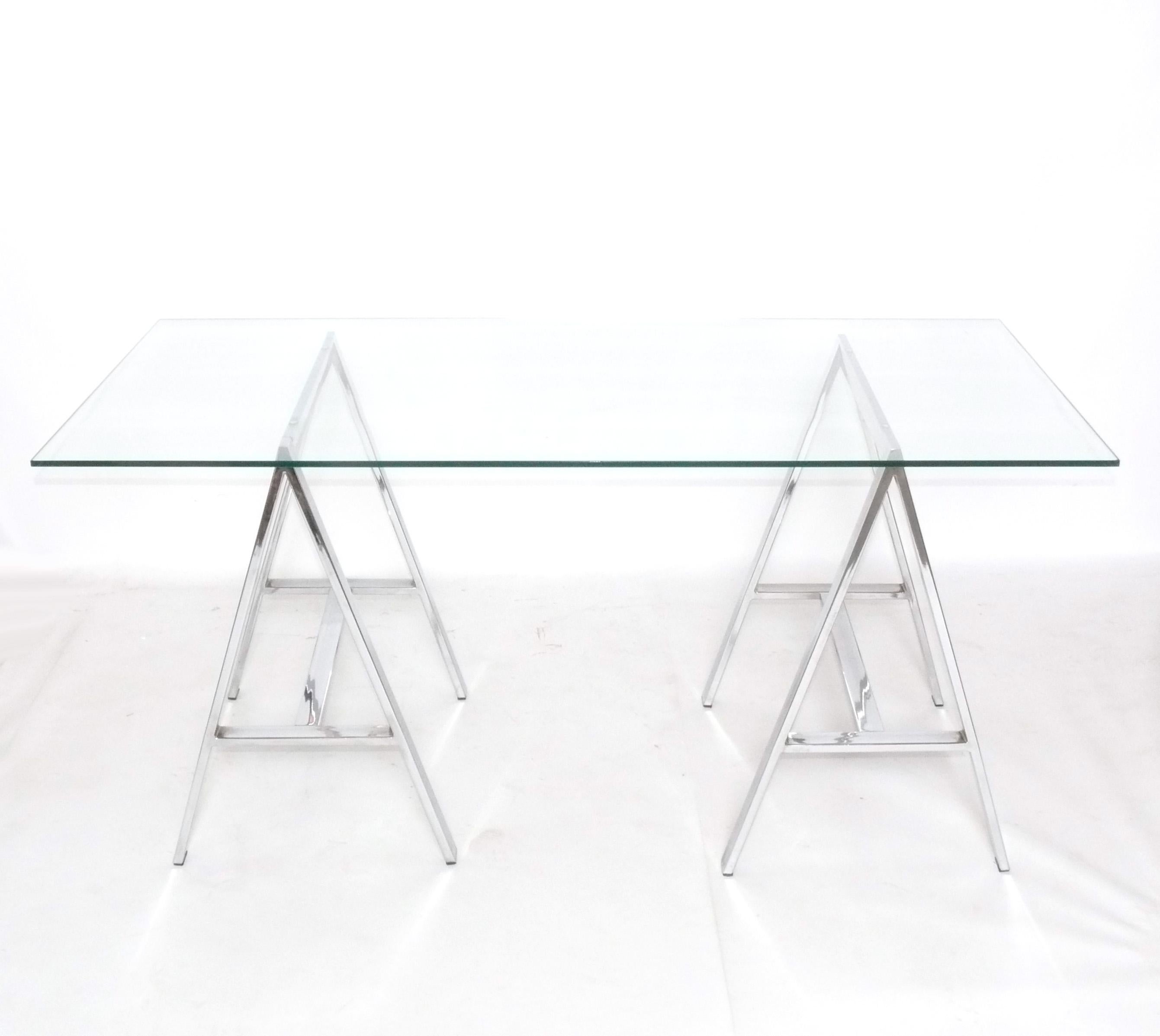 Clean Lined Chrome Sawhorse Bases, American, circa 1960s. Would be great bases for a desk, console table, dining table, or bar. The glass top is NOT included, as it is scratched and chipped, and it will be less expensive to get a glass top on your