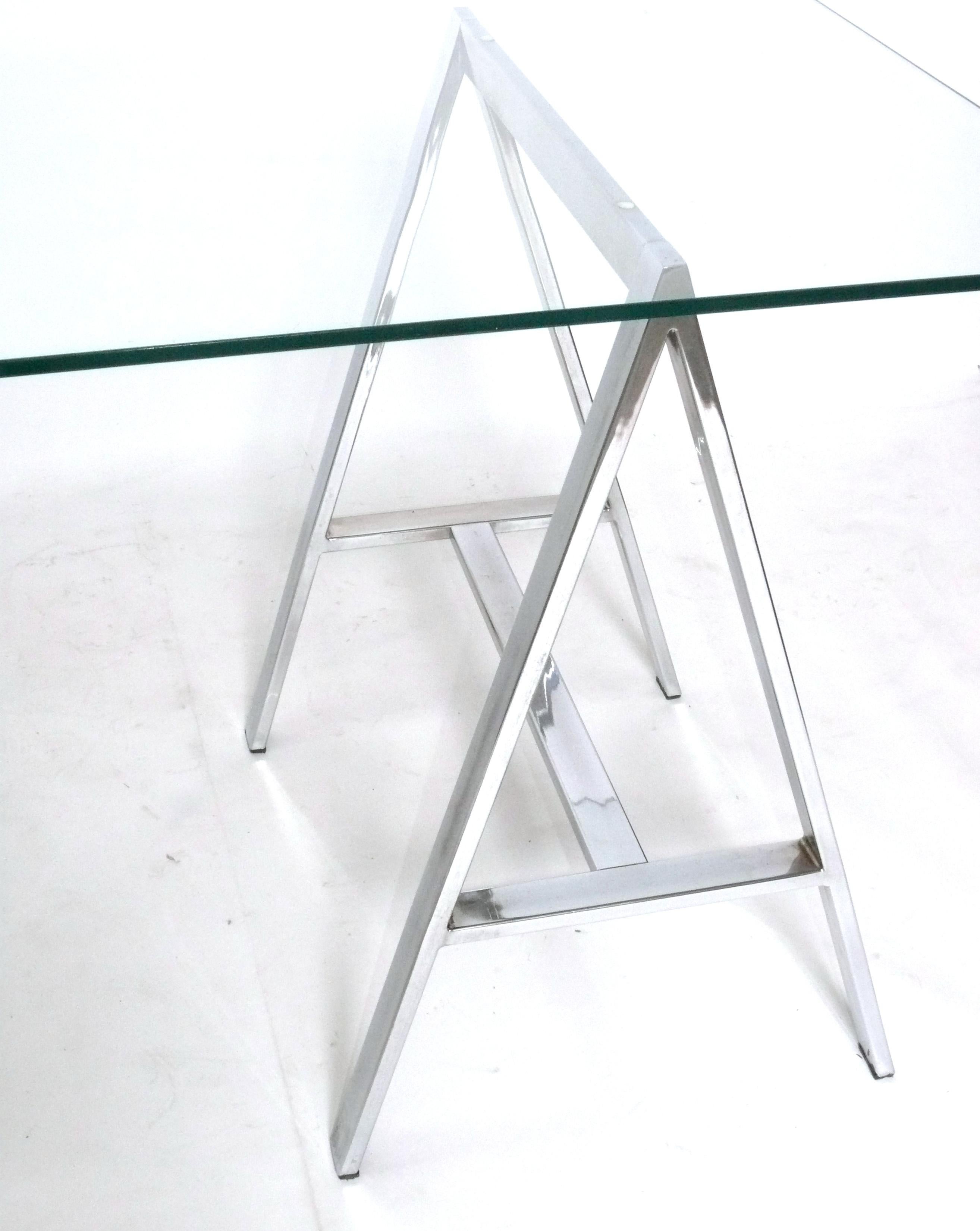 Industrial Clean Lined Chrome Sawhorse Table Bases for Desk Console or Dining Table or Bar For Sale