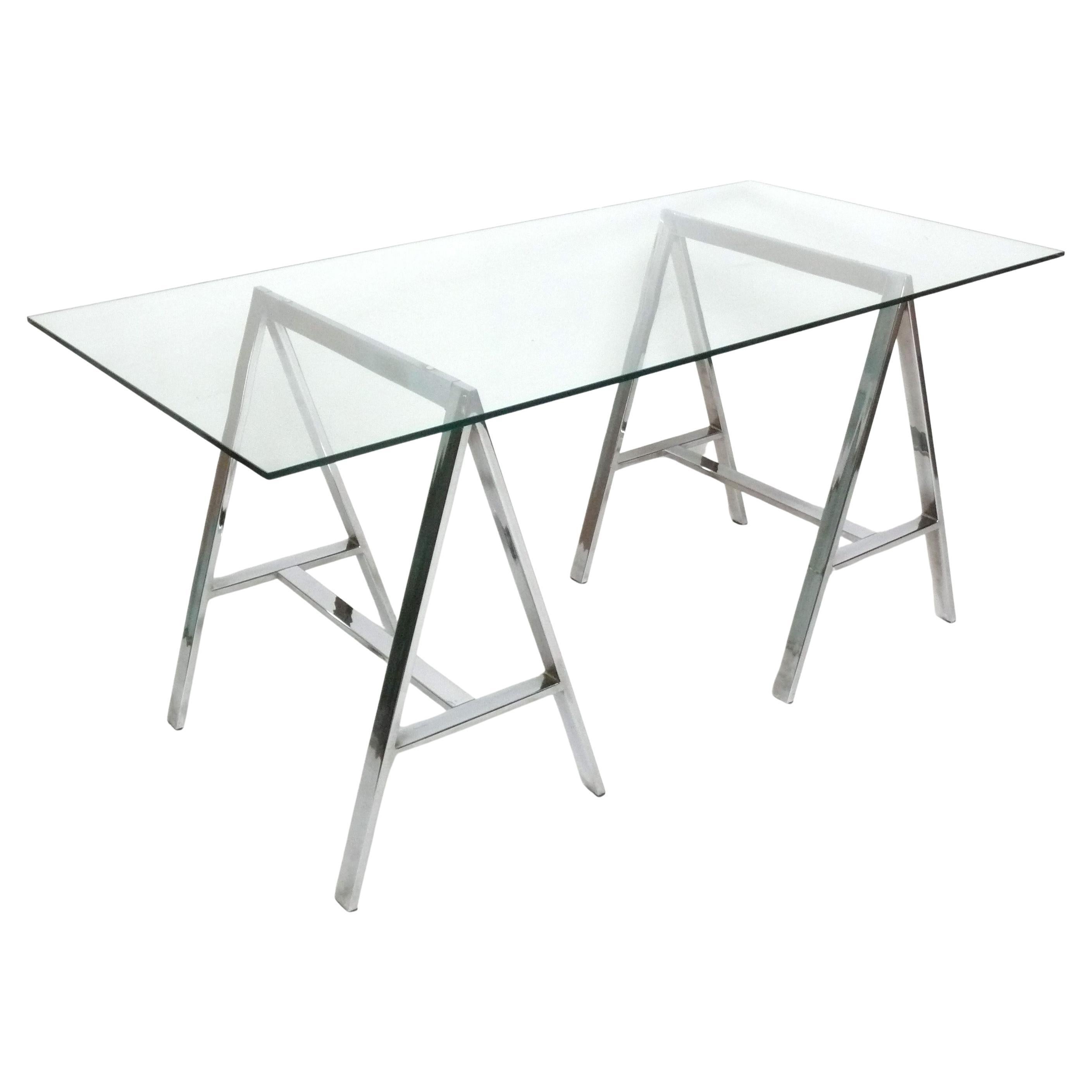 Clean Lined Chrome Sawhorse Table Bases for Desk Console or Dining Table or Bar For Sale