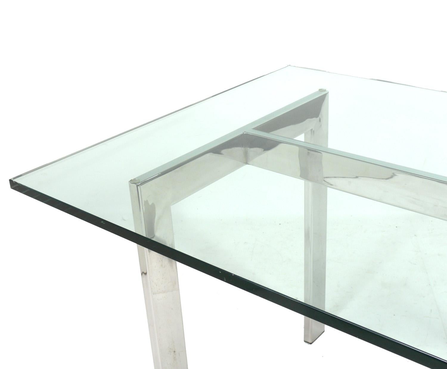 Clean Lined Mid Century Chrome Desk or Dining Table Base, in the style of Florence Knoll, American, circa 1960s. This listing is for the chrome base only, no glass included, as it will be more affordable to purchase the glass on your end. 