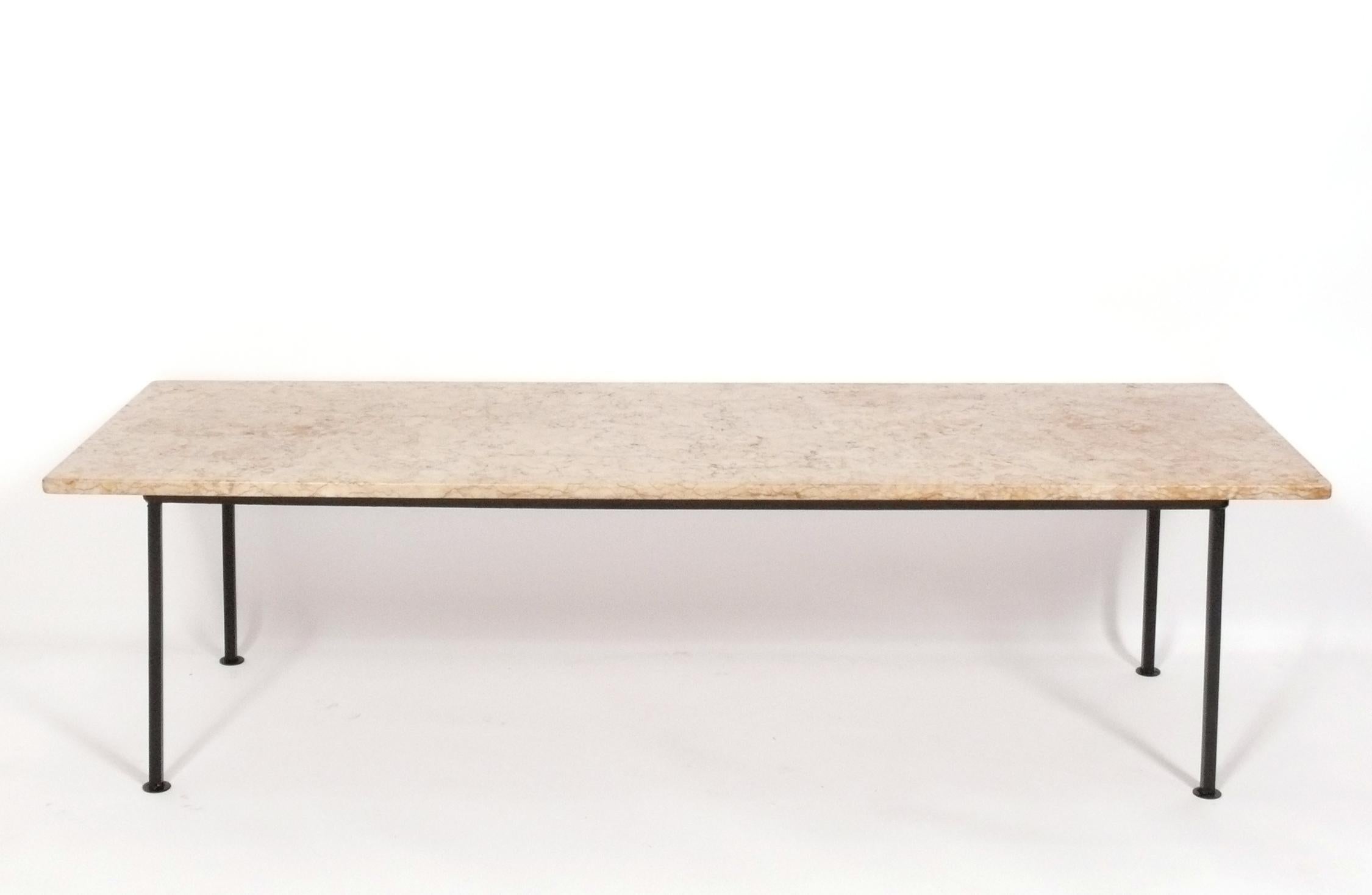 Clean line midcentury marble and iron coffee table, attributed to Frederick Weinberg, American, circa 1950s.