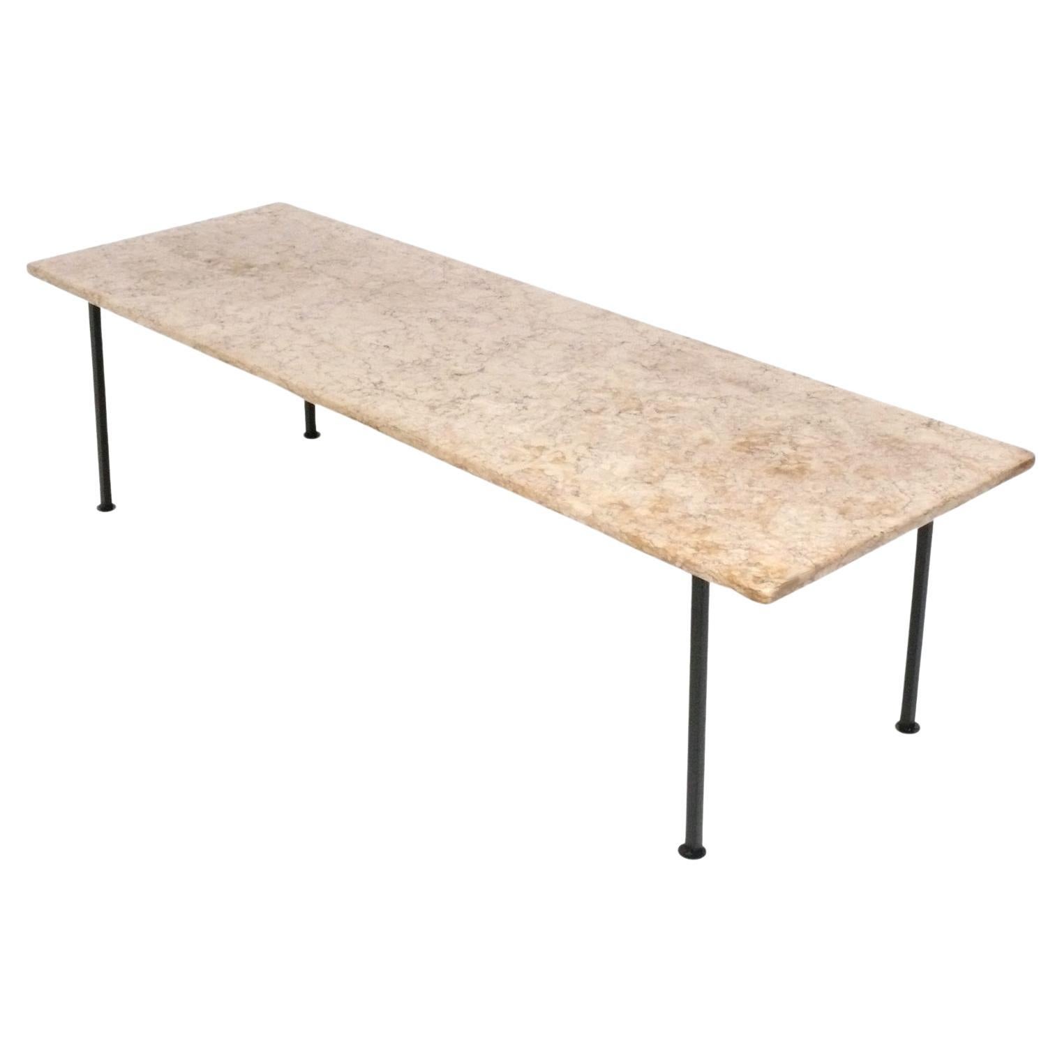 Clean Lined Midcentury Marble and Iron Coffee Table For Sale