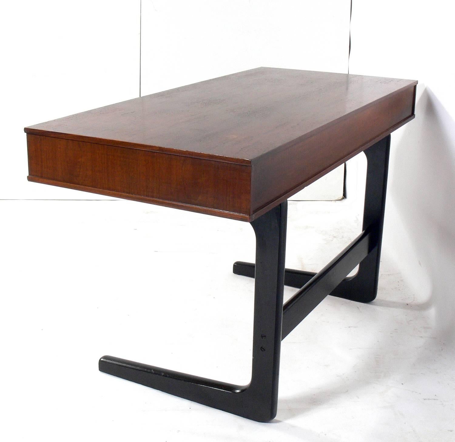 Lacquered Clean Lined Midcentury Desk with Leather Pulls