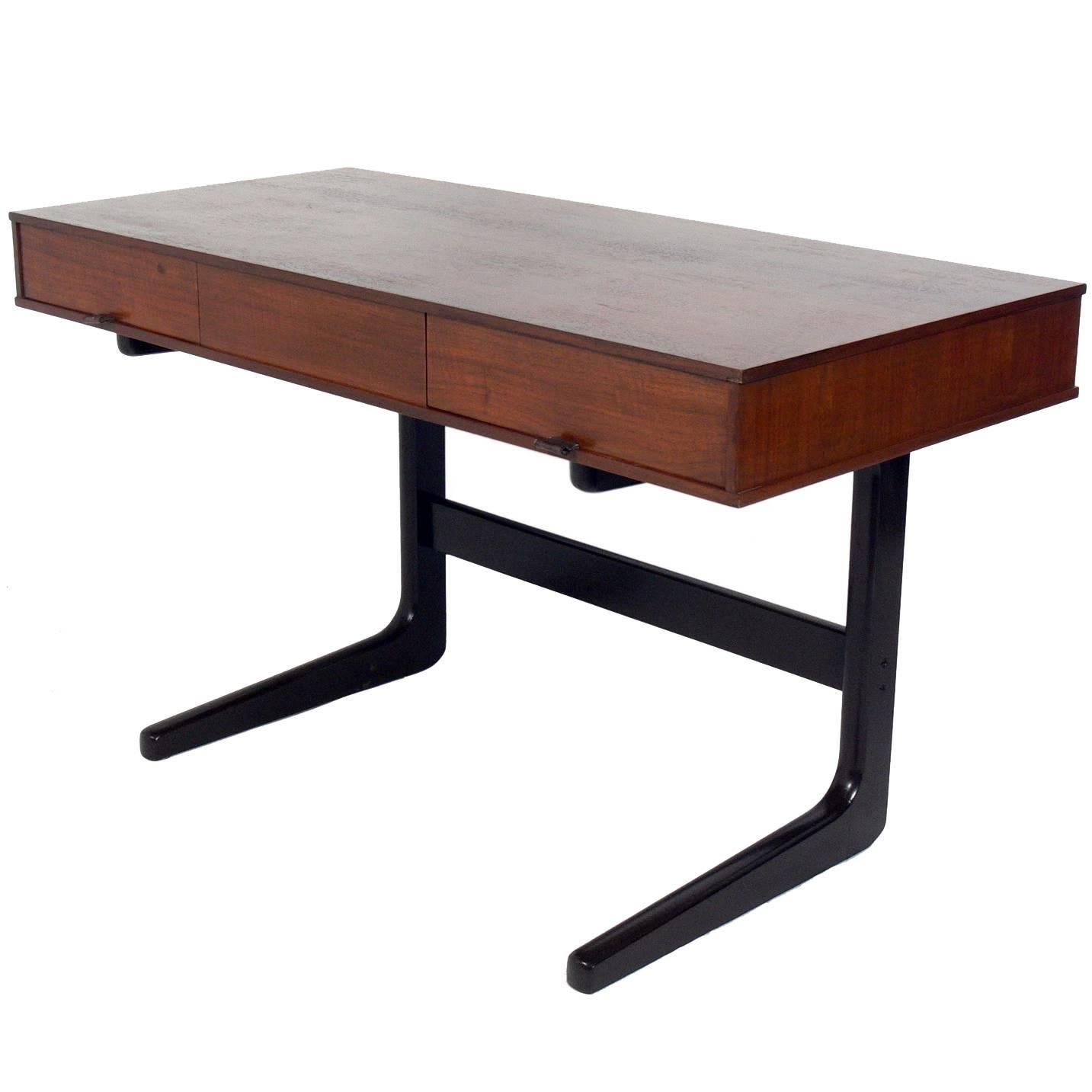 Clean Lined Midcentury Desk with Leather Pulls
