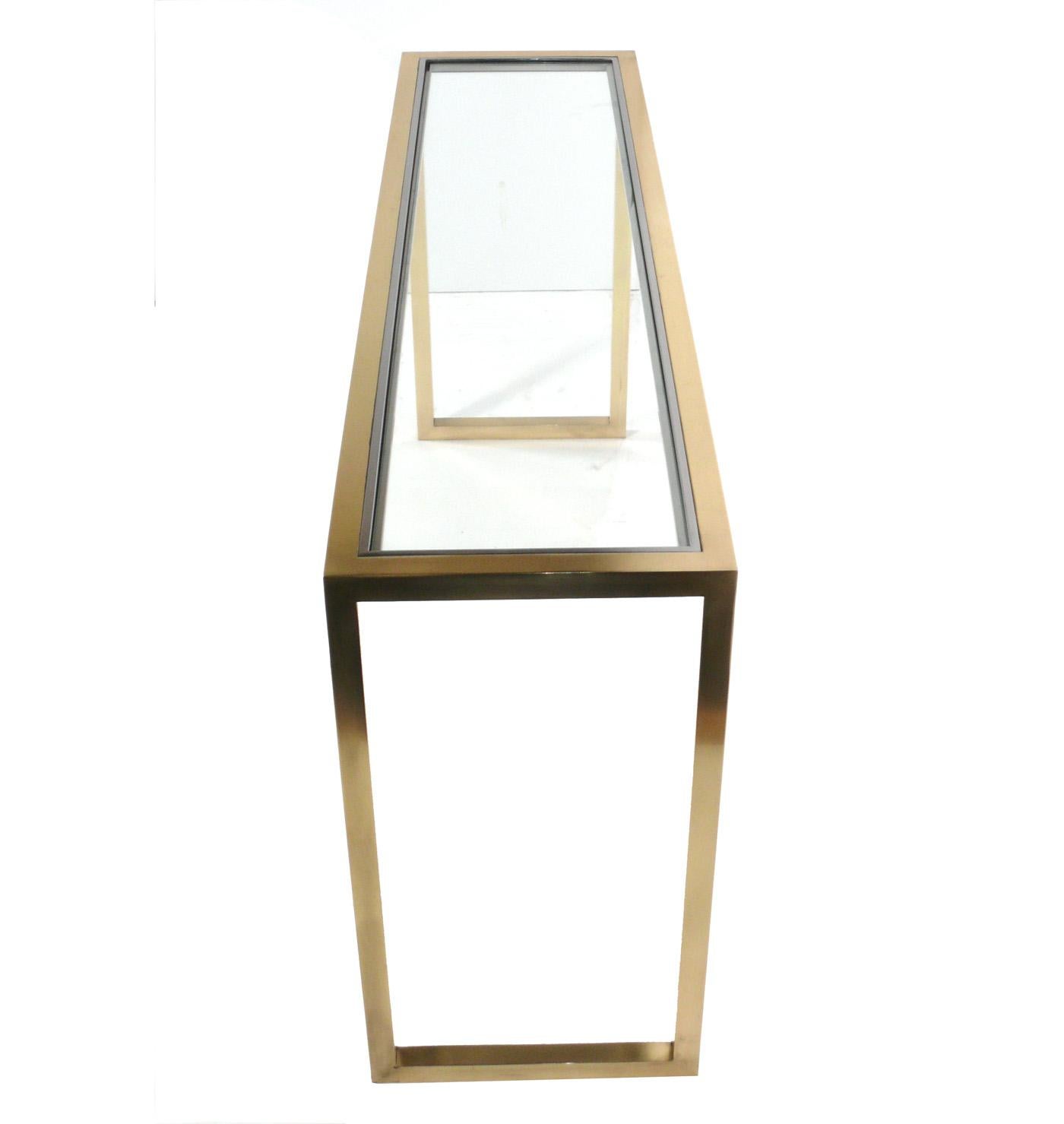 Plated Clean Lined Modern Brass Console Table  For Sale