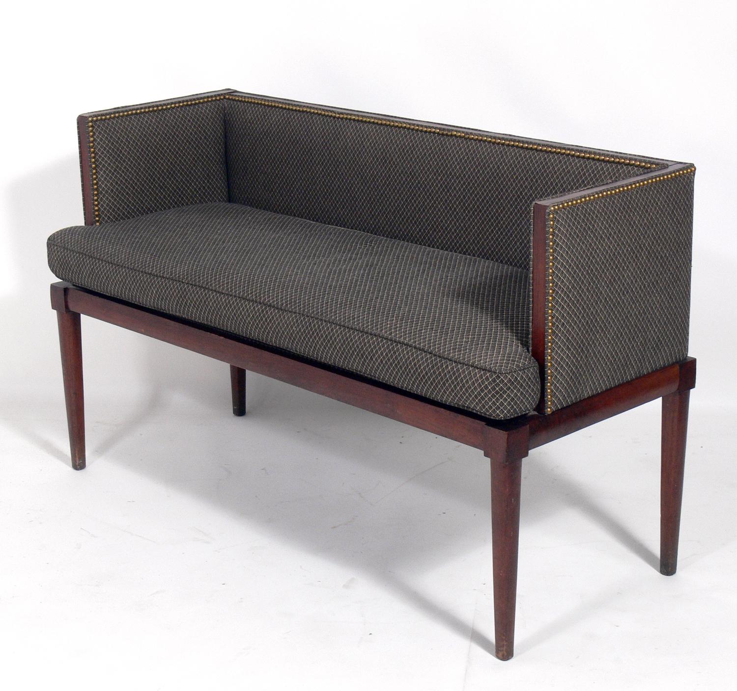 Clean lined tuxedo settee or bench, American, circa 1960s.