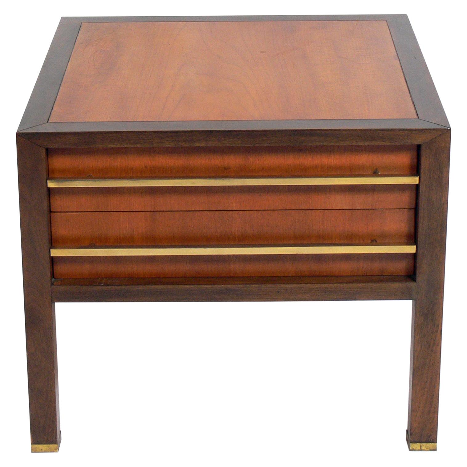 Clean Lined Walnut and Brass Nightstand or End Table by Michael Taylor For Sale