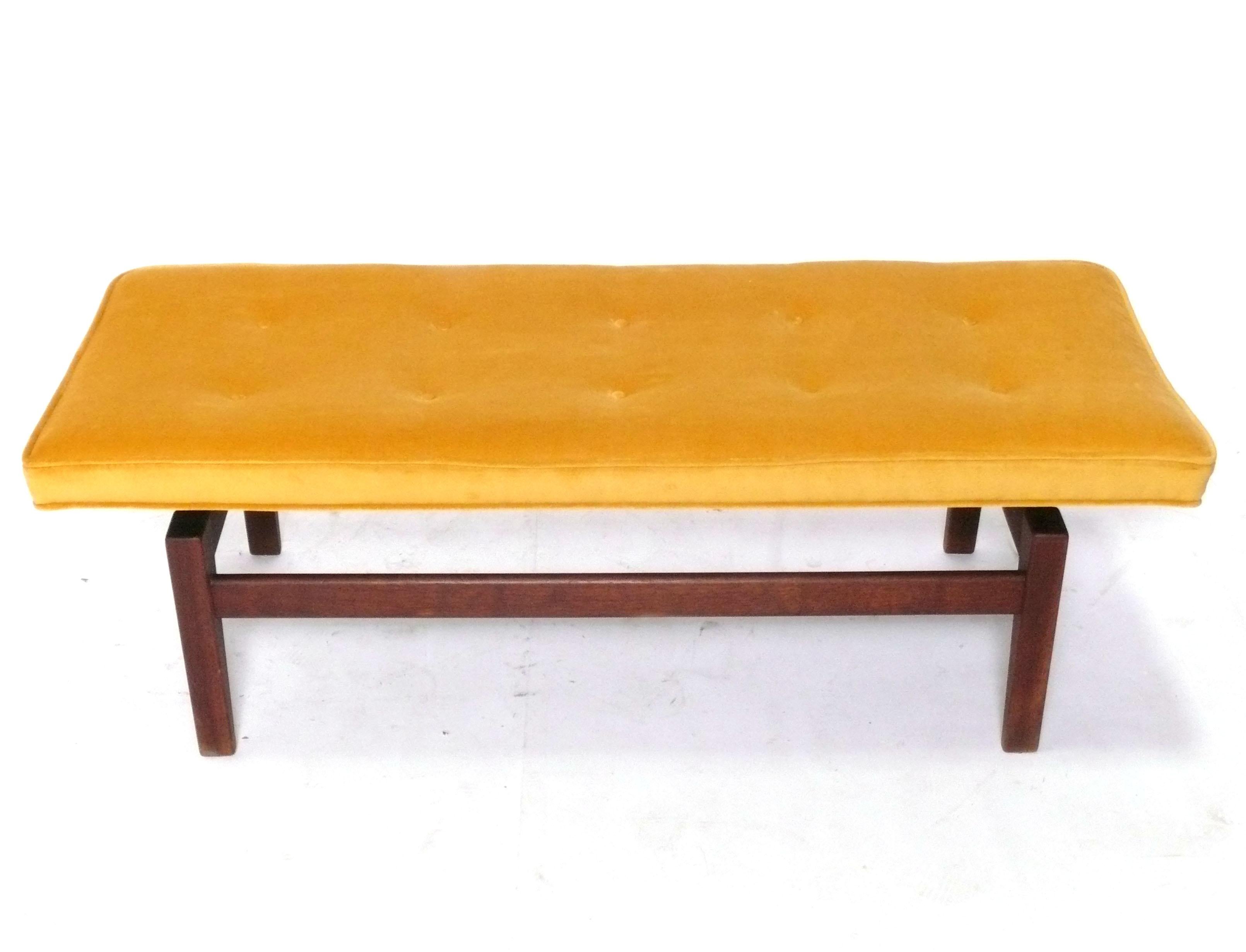 Mid-Century Modern Clean Lined Walnut Bench by Jens Risom in New Saffron Yellow Velvet Mid Century For Sale