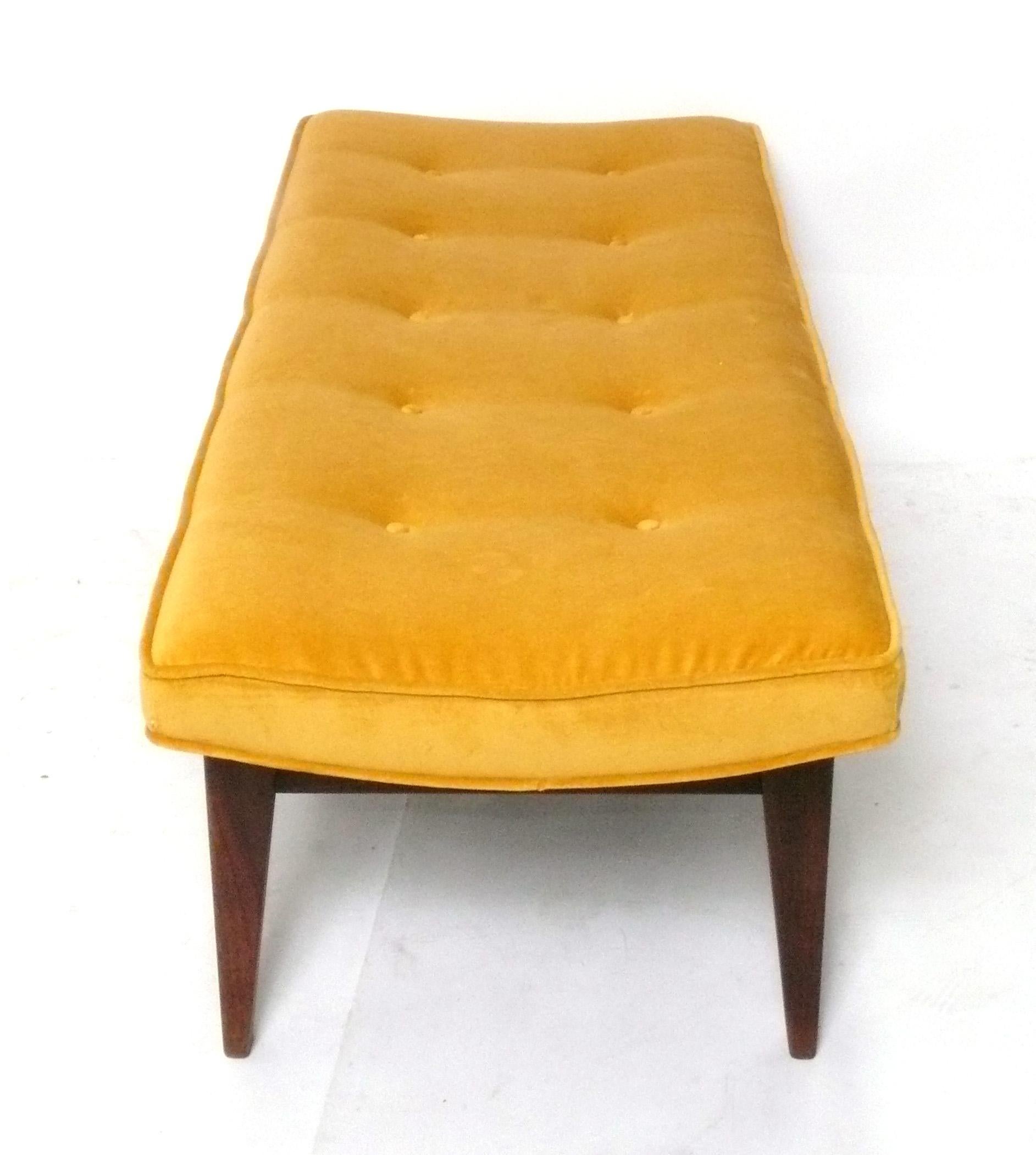 American Clean Lined Walnut Bench by Jens Risom in New Saffron Yellow Velvet Mid Century For Sale