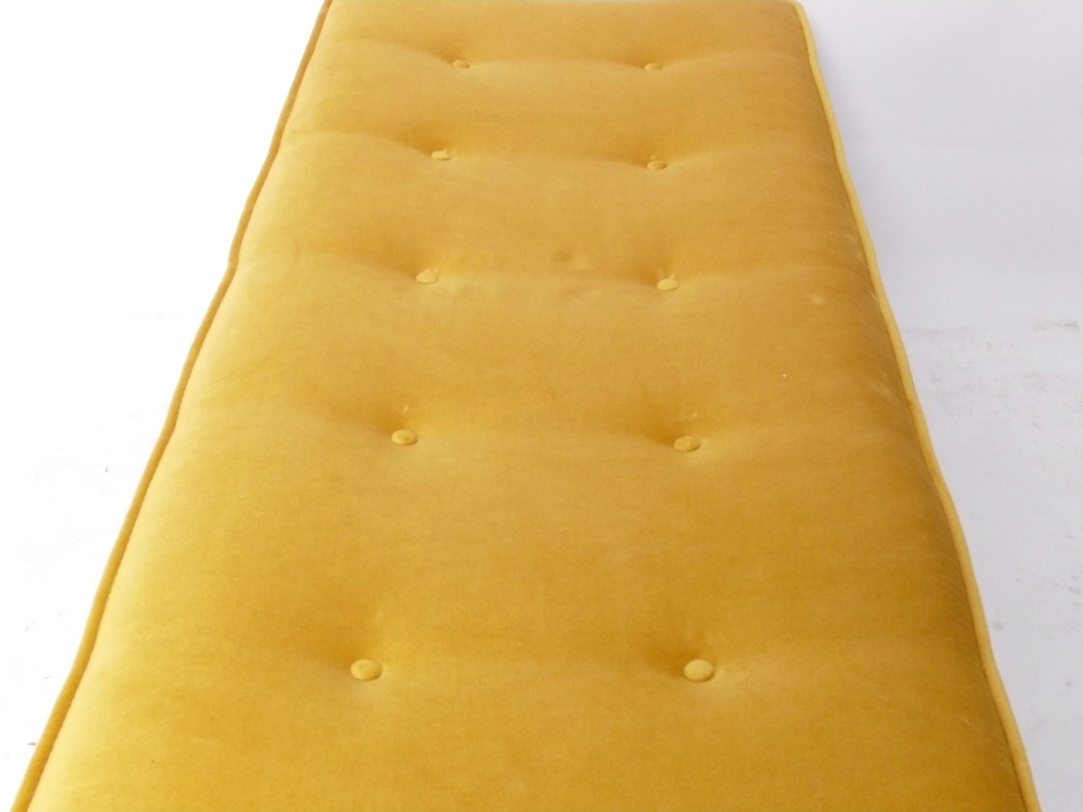 Clean Lined Walnut Bench by Jens Risom in New Saffron Yellow Velvet Mid Century In Good Condition For Sale In Atlanta, GA