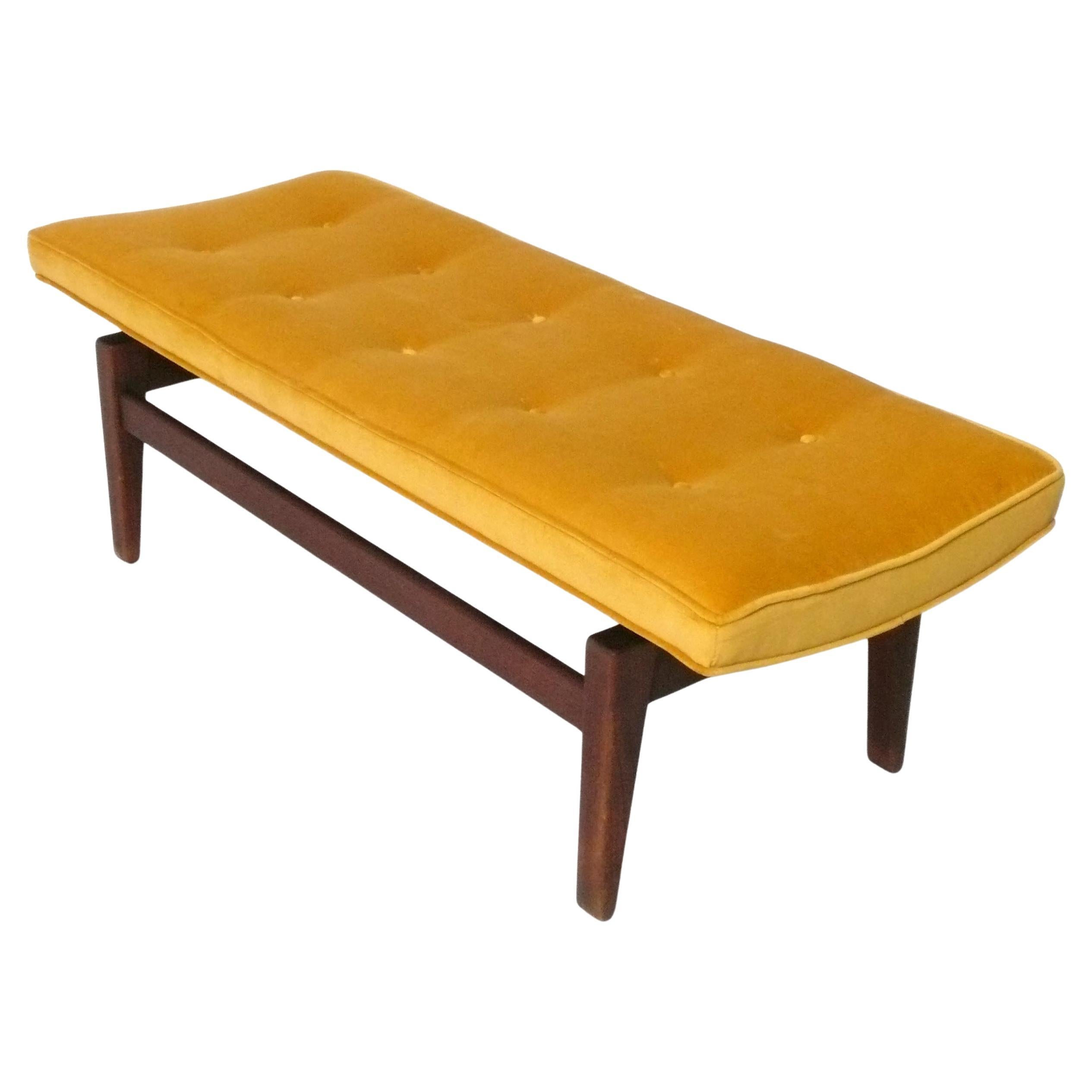 Clean Lined Walnut Bench by Jens Risom in New Saffron Yellow Velvet Mid Century For Sale