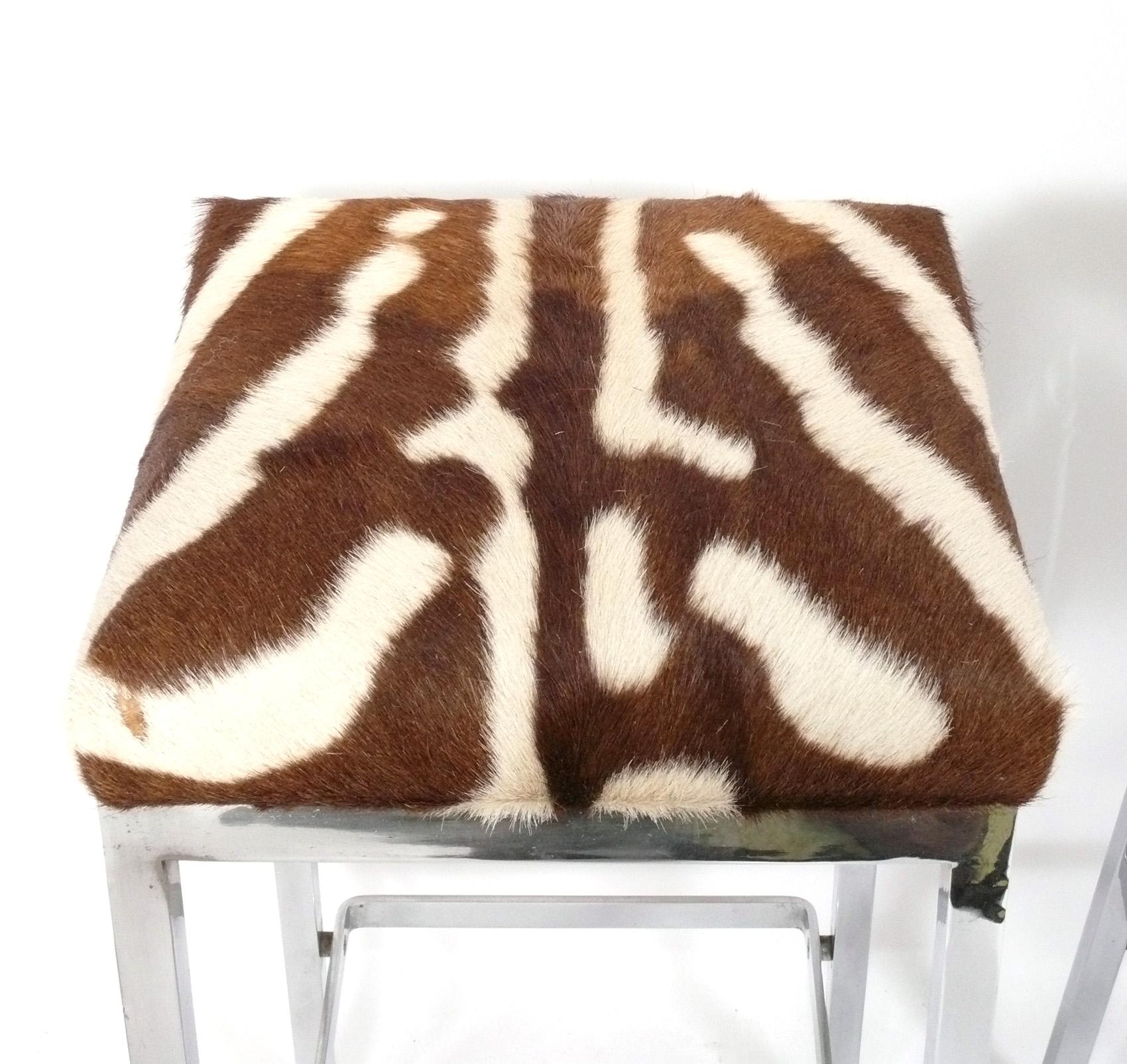 Mid-Century Modern Clean Lined Zebra Hide Chrome Bar Stools 30