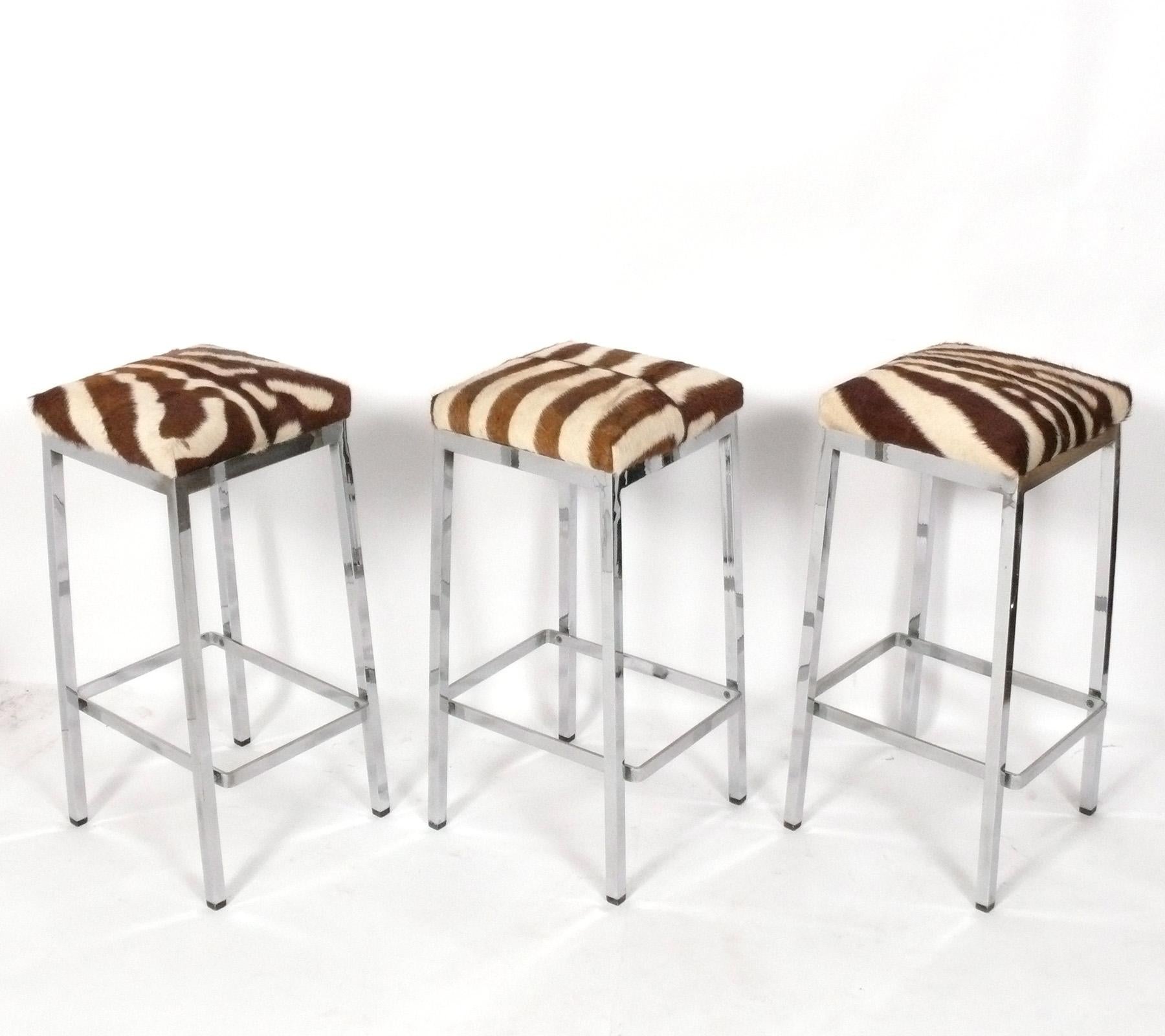 Mid-20th Century Clean Lined Zebra Hide Chrome Bar Stools 30