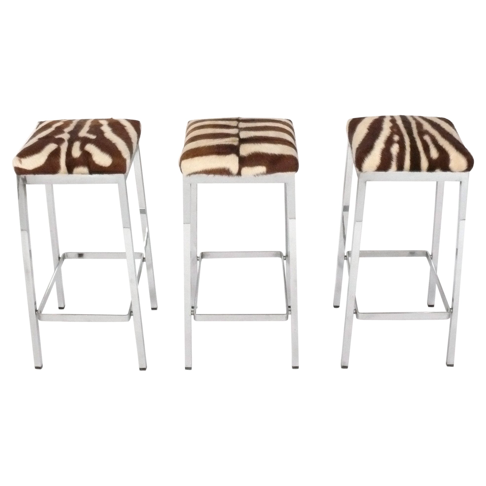 Clean Lined Zebra Hide Chrome Bar Stools 30" Height For Sale